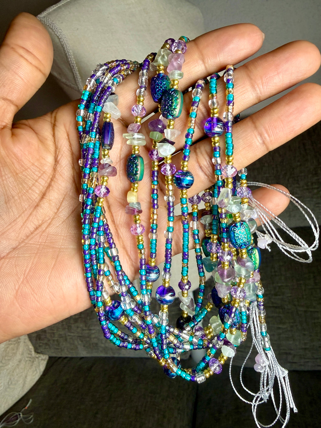 Purple Teal Seadbead Waistbeads with Authentic Fluorite Crystals