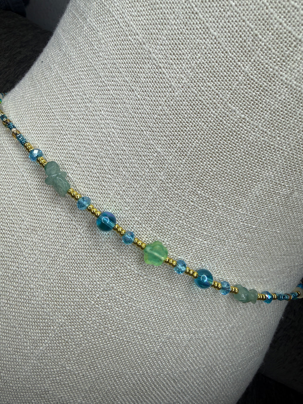 Blue Gold Seadbead Waistbeads with Authentic Fluorite Crystals Flower Accent Beads