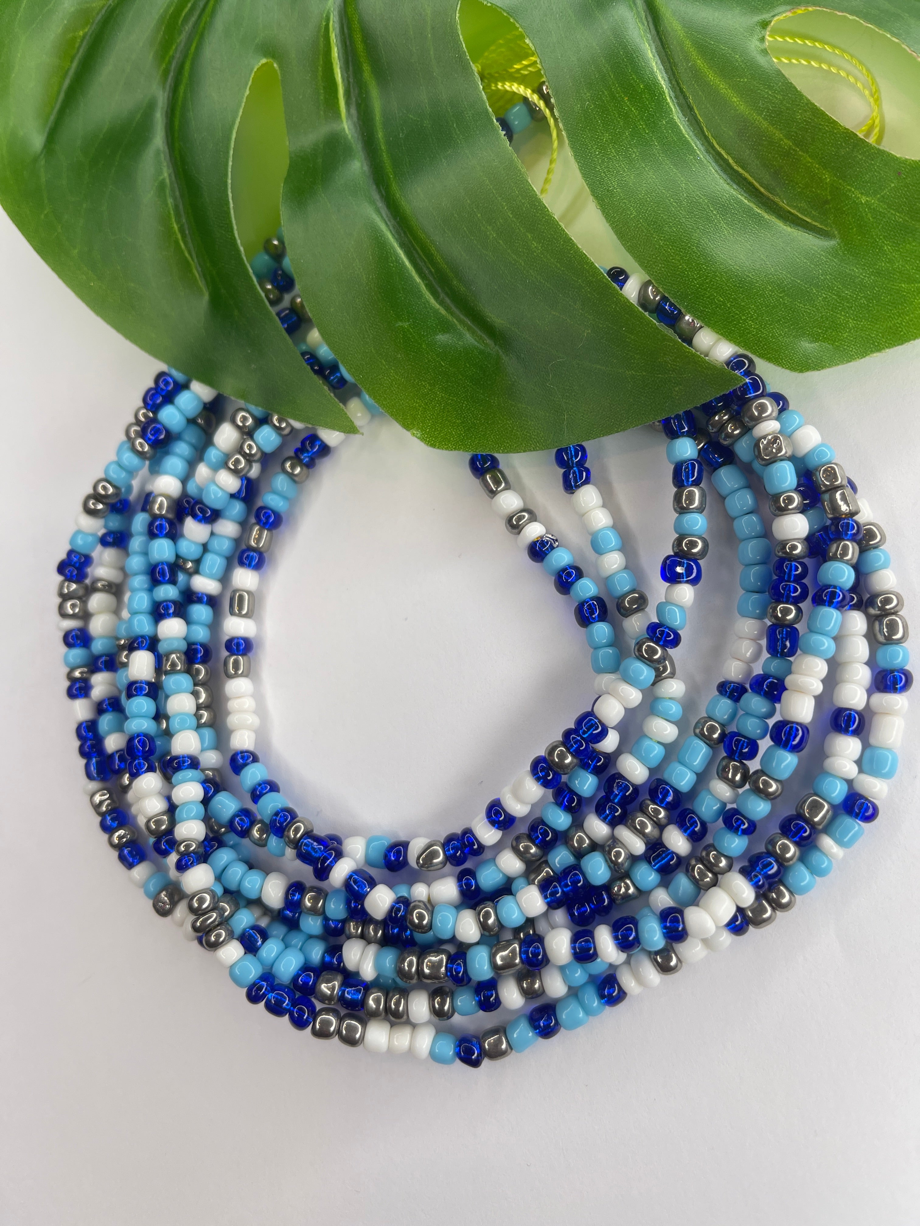Blue White Silver Seadbead Waistbeads (Floating)