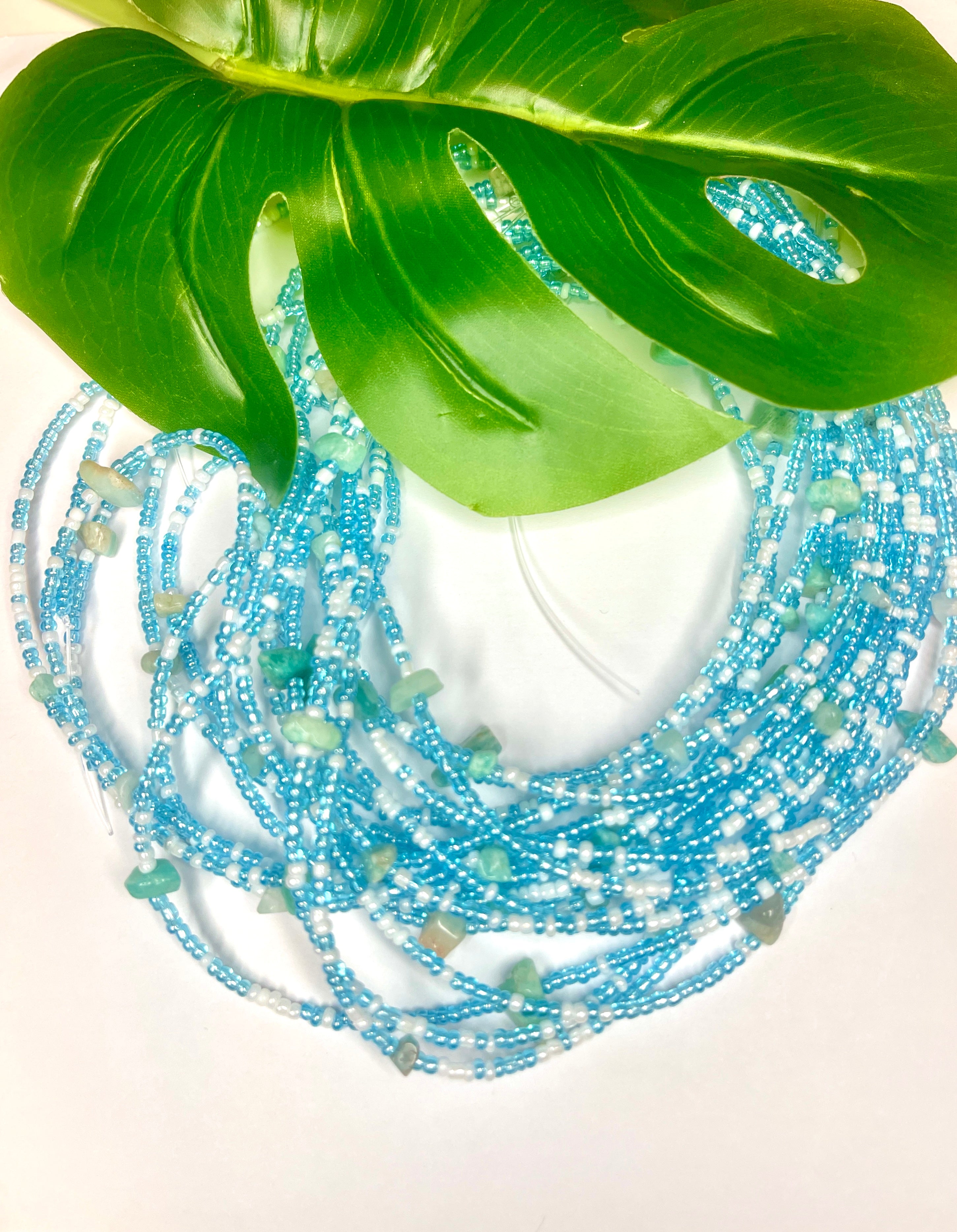 Blue White Seadbead Waistbeads with Amazonite for Communication on Wire