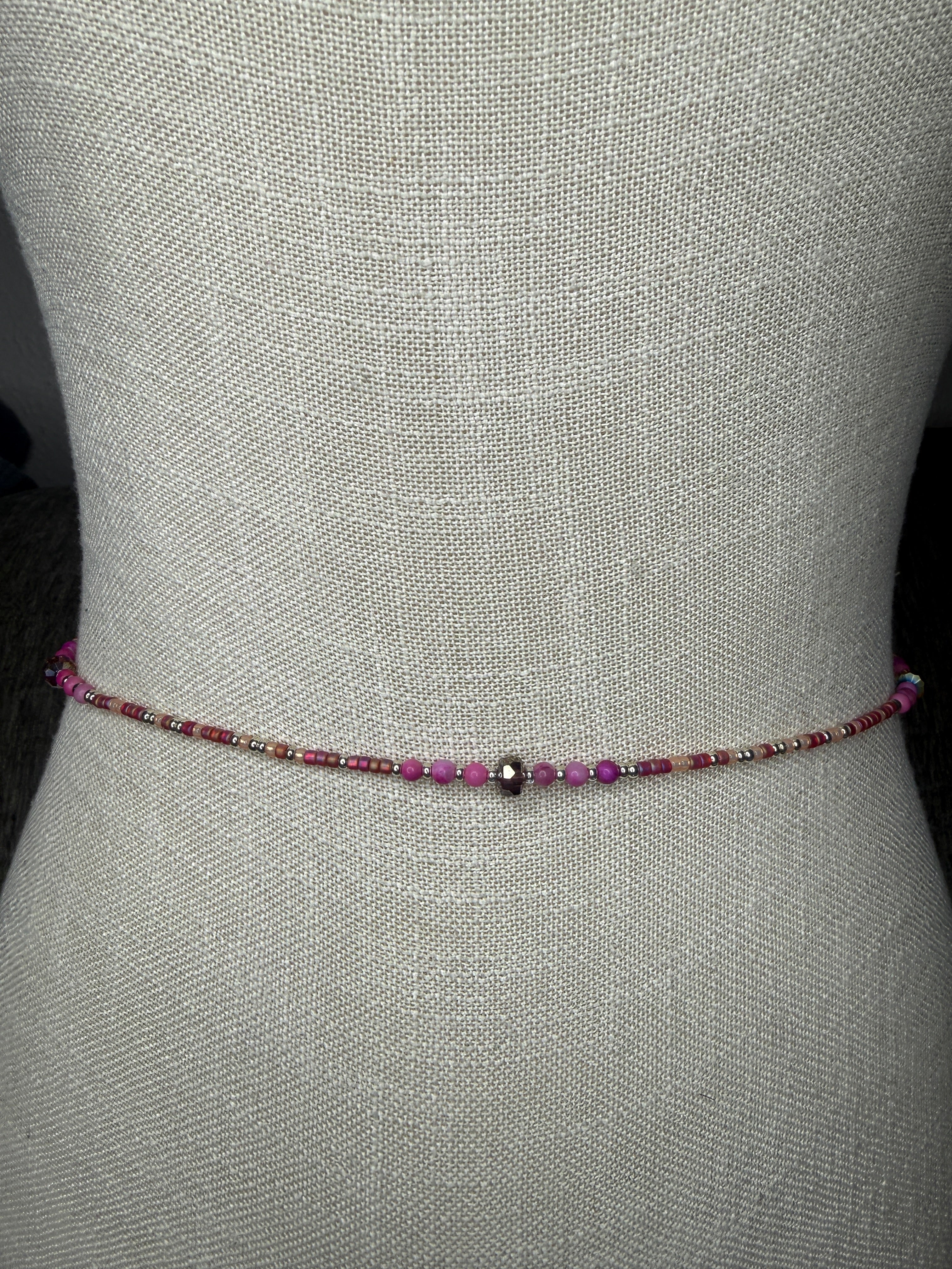 Pink Peach Silver Seadbead Waistbeads with Crystal Rounds