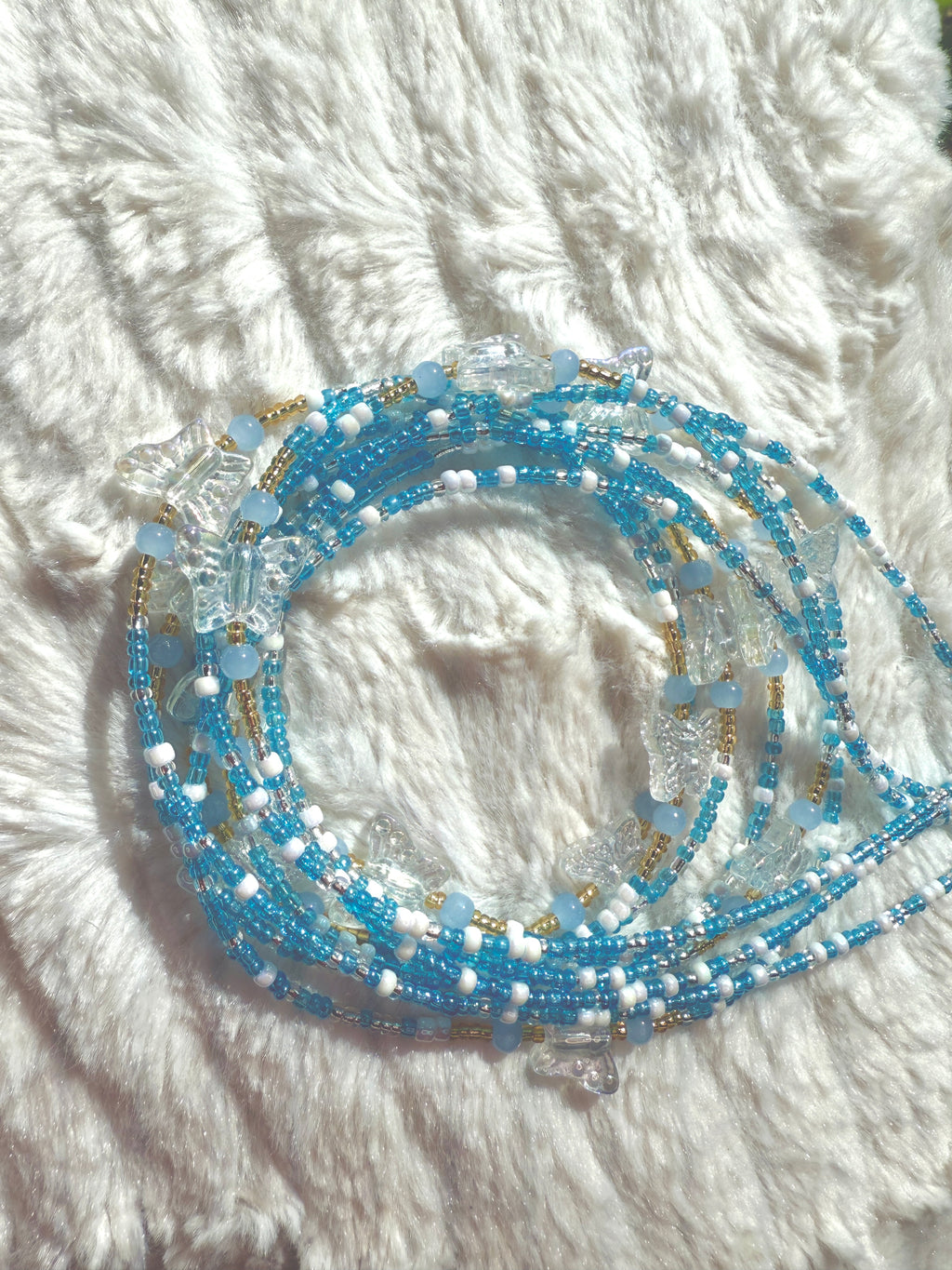 Blue Clear White Seadbead Waistbeads with Butterfly Accent Beads on Wire