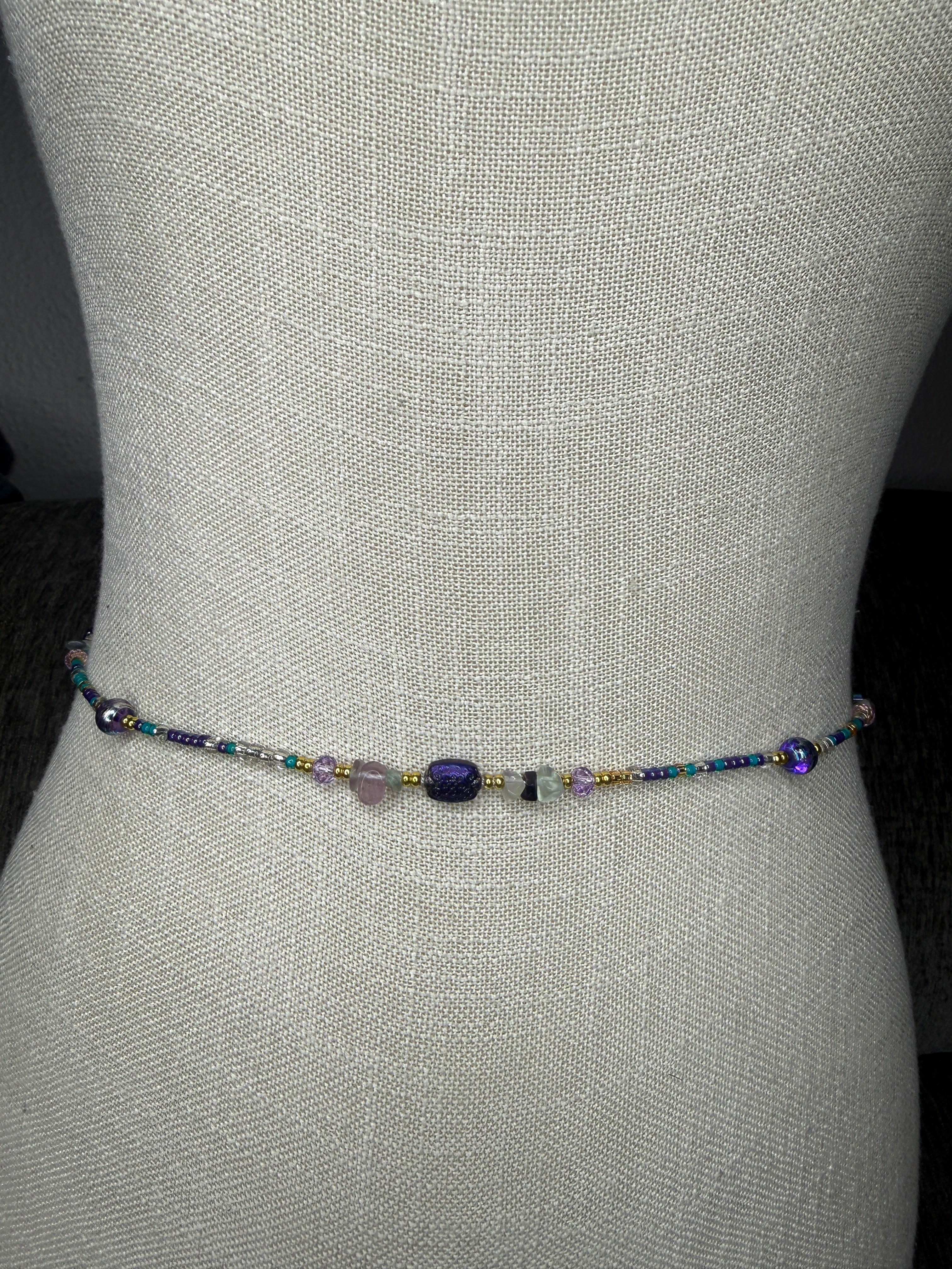 Purple Teal Seadbead Waistbeads with Authentic Fluorite Crystals