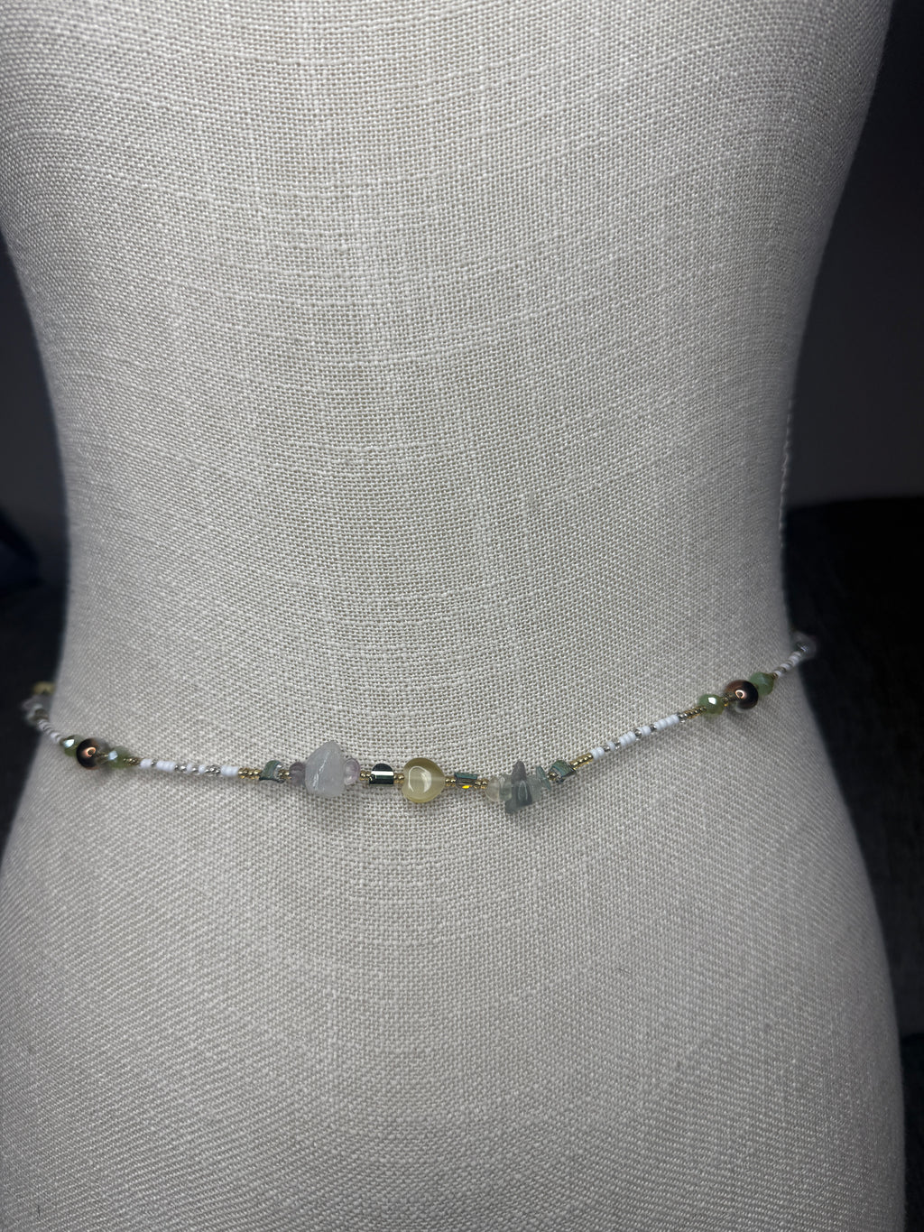 Multicolor Seadbead Waistbeads with Heart Crystals Accent Beads and Fluorite on Wire