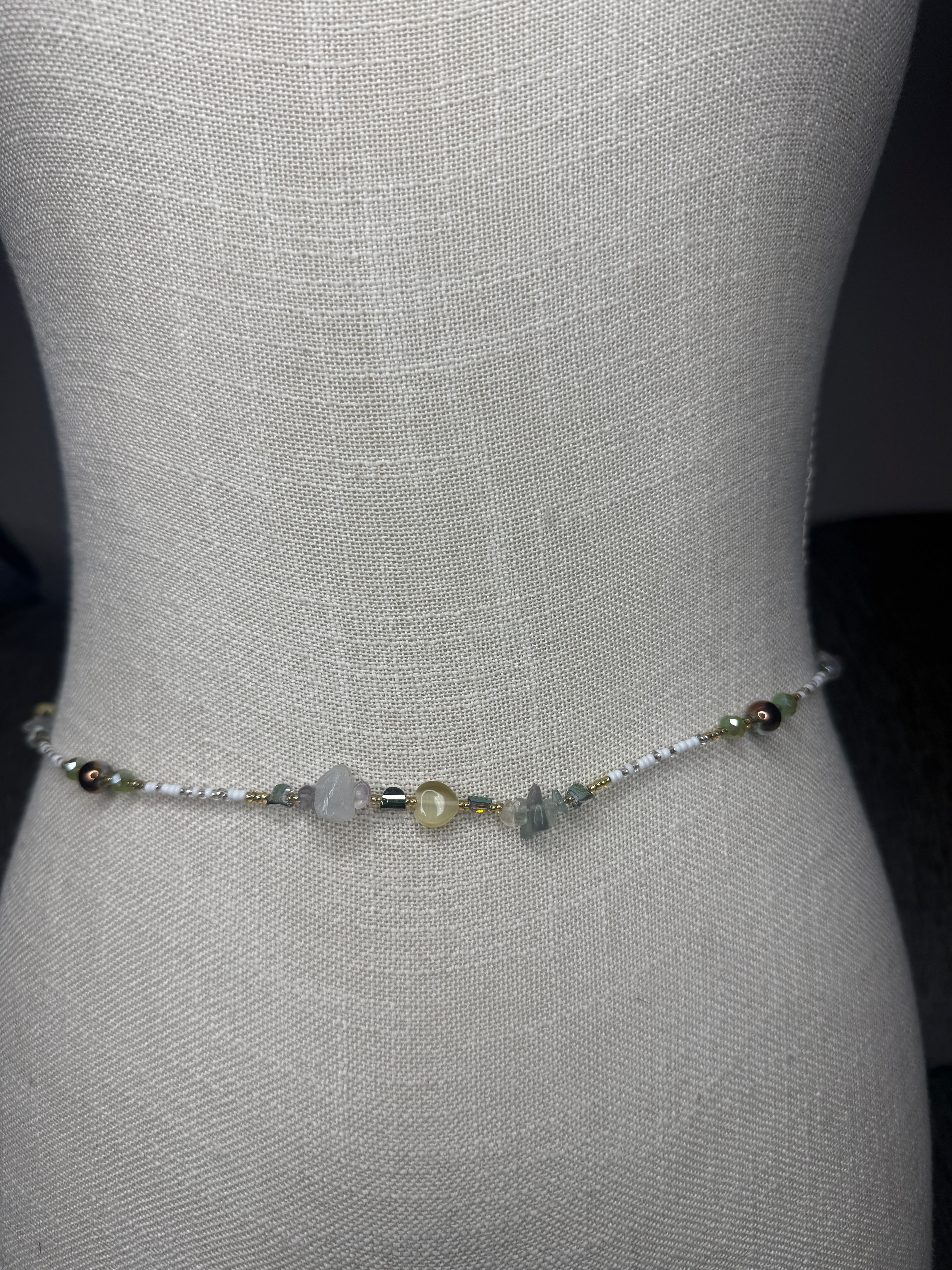 Multicolor Seadbead Waistbeads with Heart Crystals Accent Beads and Fluorite on Wire