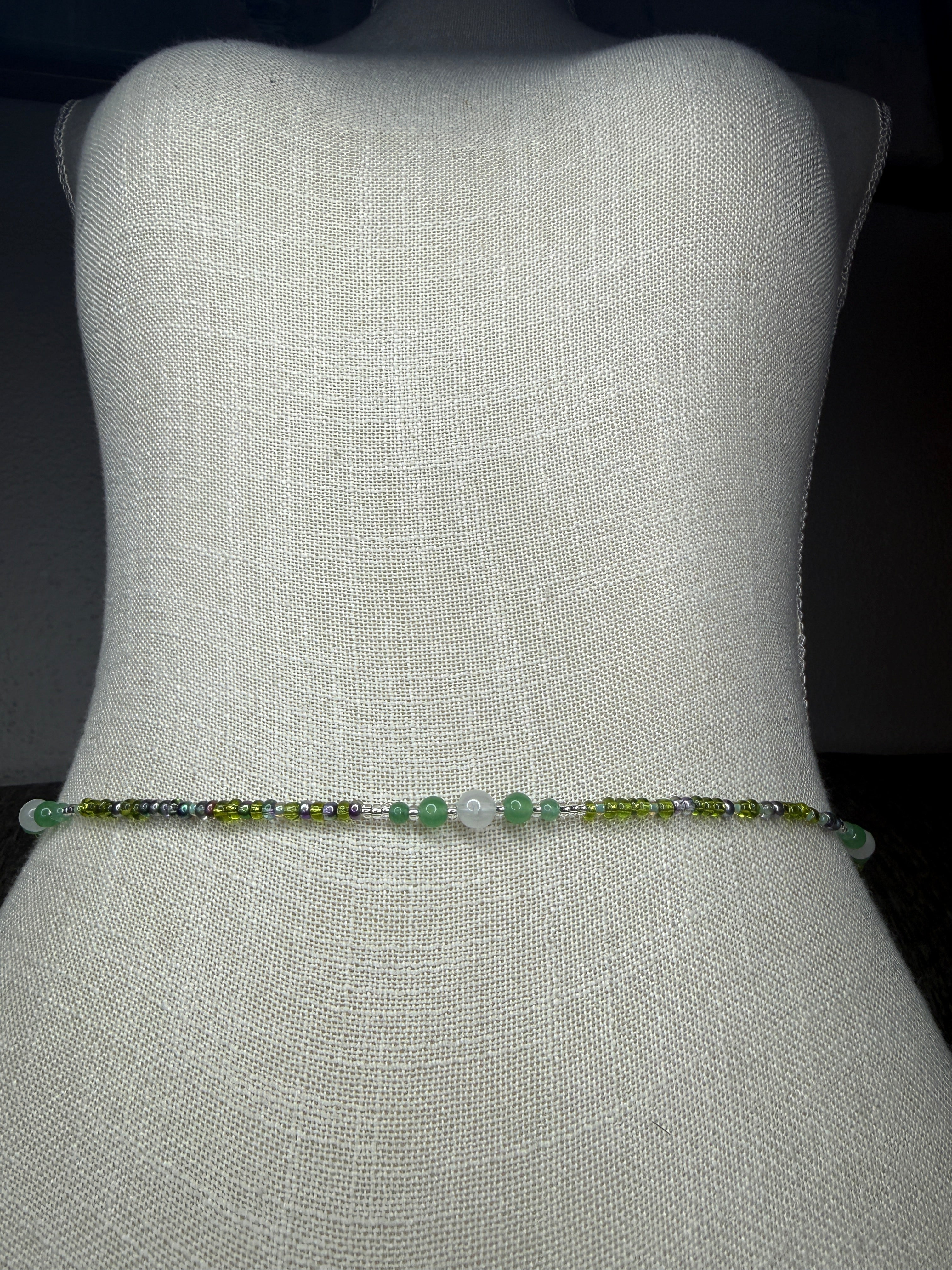 Green Clear Seadbead Waistbeads with Authentic Green Aventurine Crystals and Glow in the Dark Round Beads