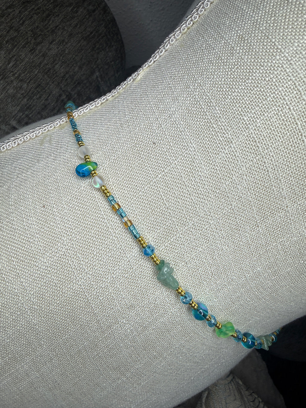 Blue Gold Seadbead Waistbeads with Authentic Fluorite Crystals Flower Accent Beads