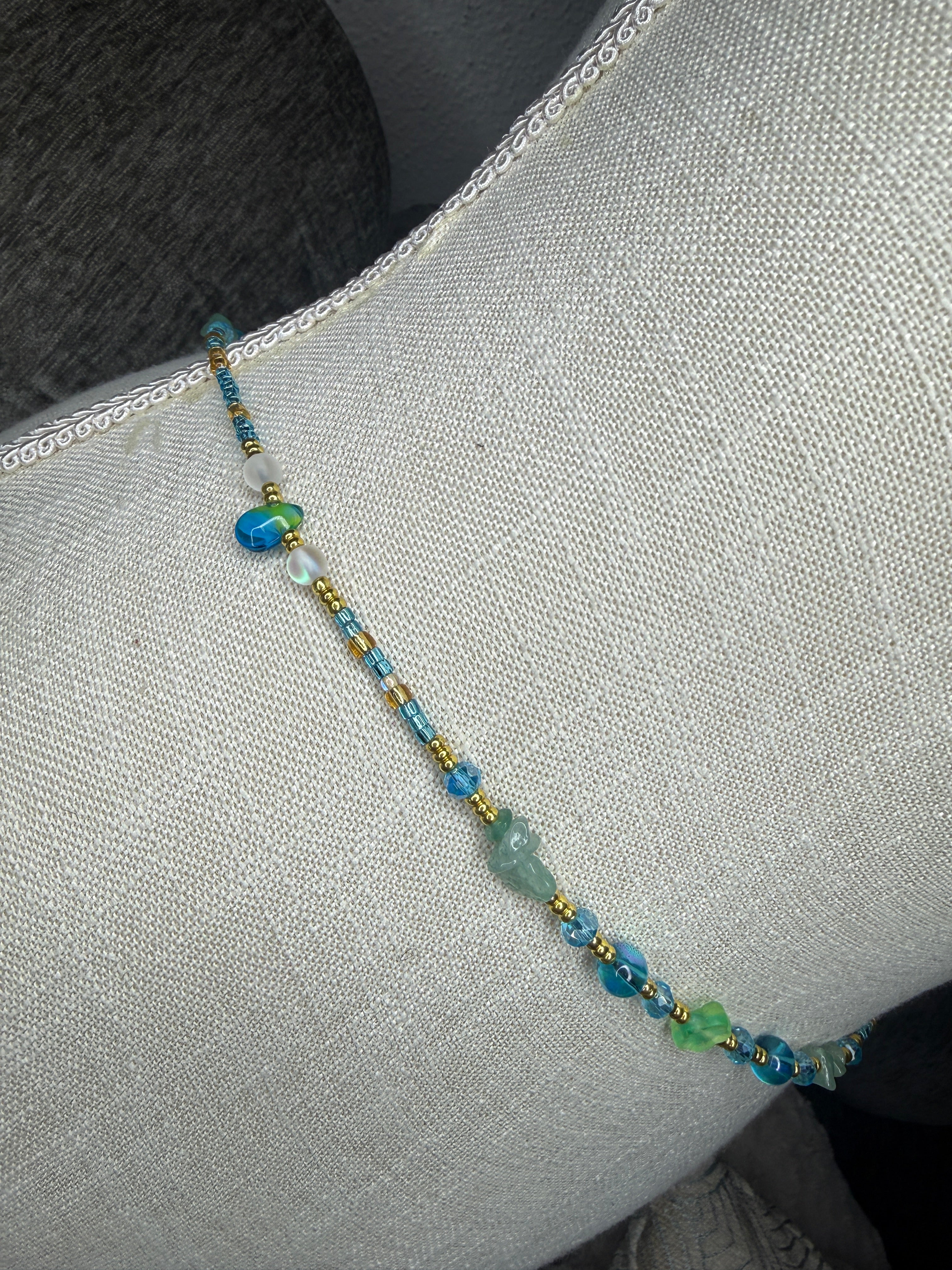 Blue Gold Seadbead Waistbeads with Authentic Fluorite Crystals Flower Accent Beads