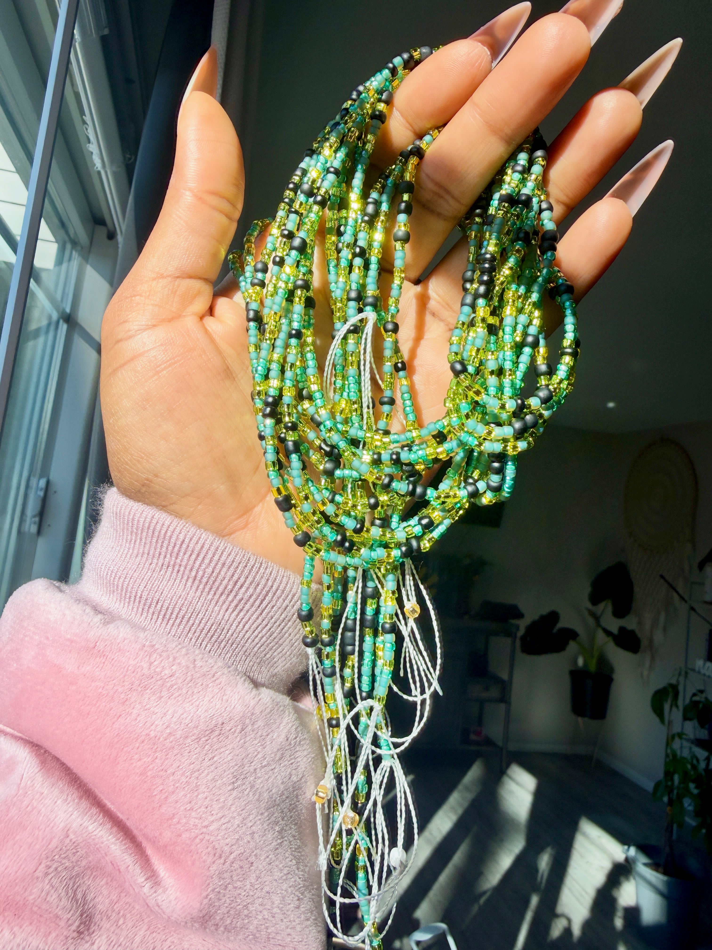 Green Yellow Black Earth Tone Neutral Seadbead Waistbeads (Wealth)
