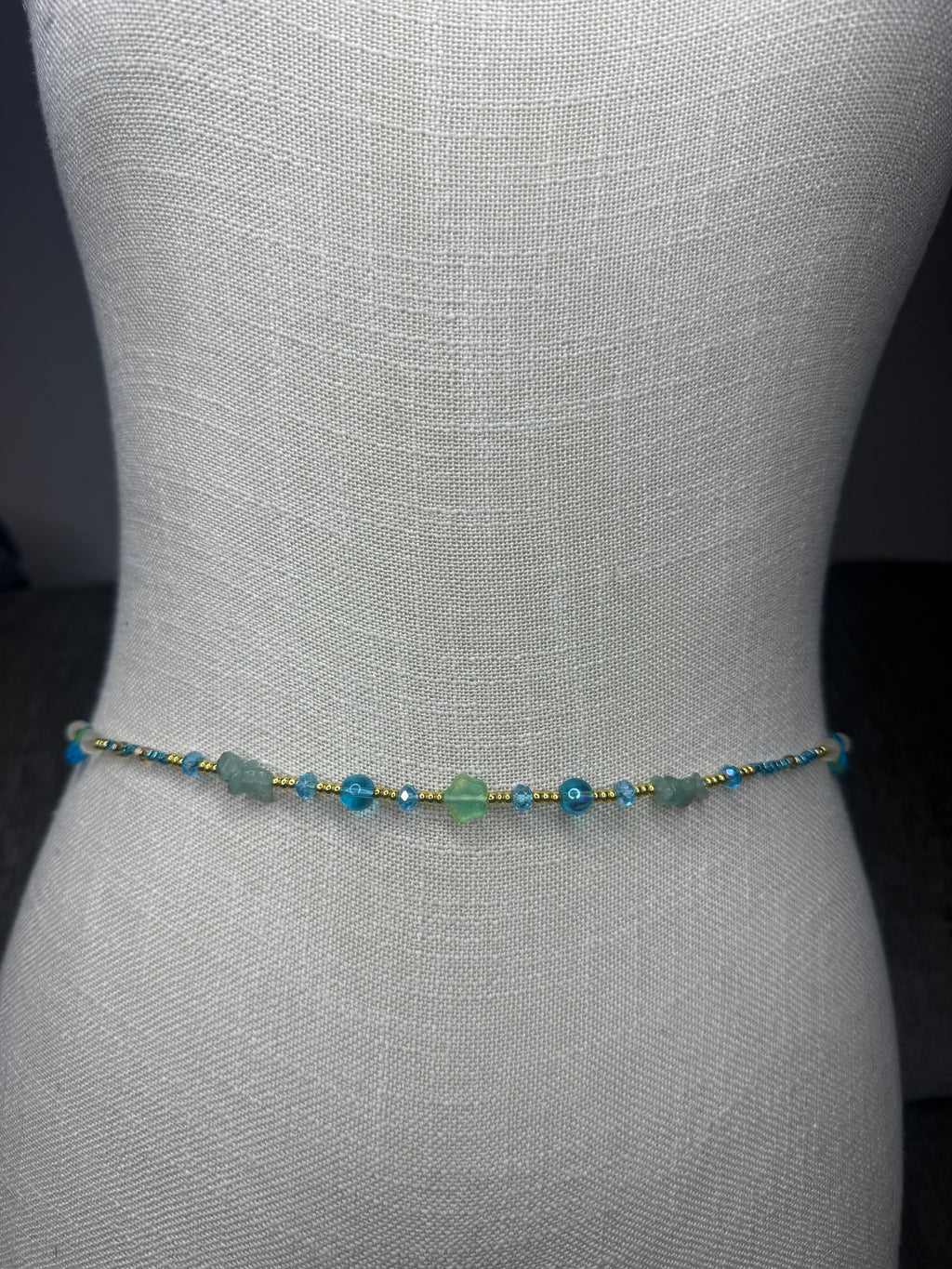 Blue Gold Seadbead Waistbeads with Authentic Fluorite Crystals Flower Accent Beads