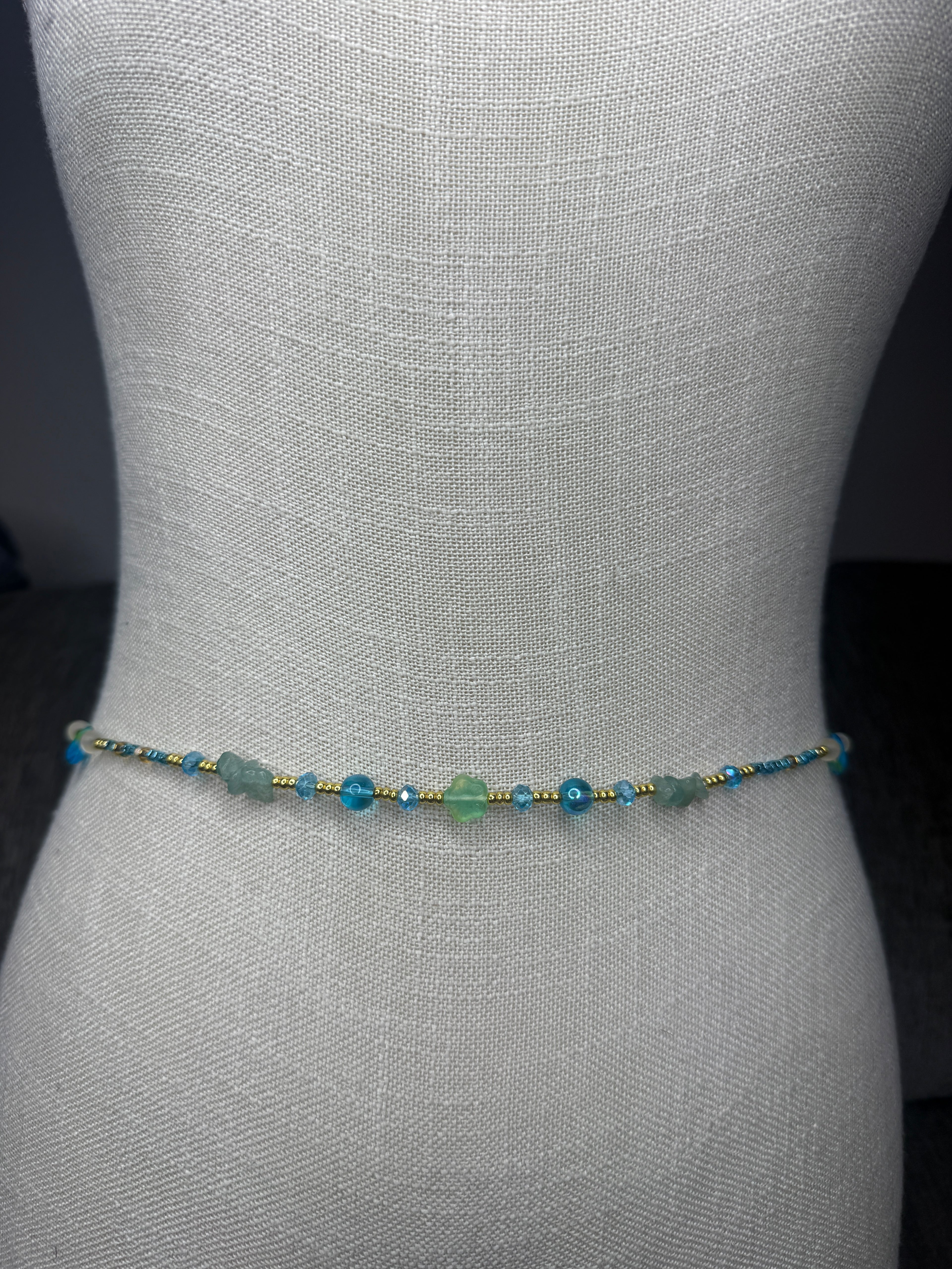 Blue Gold Seadbead Waistbeads with Authentic Fluorite Crystals Flower Accent Beads