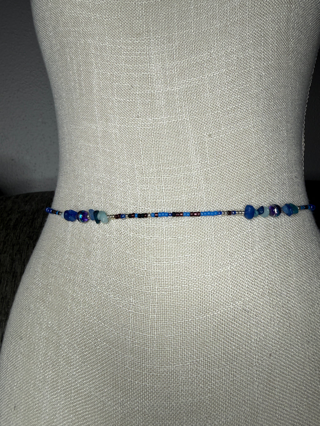 Blue Purple Black Silver Seadbead Waistbeads with Dyed Quartz Crystals