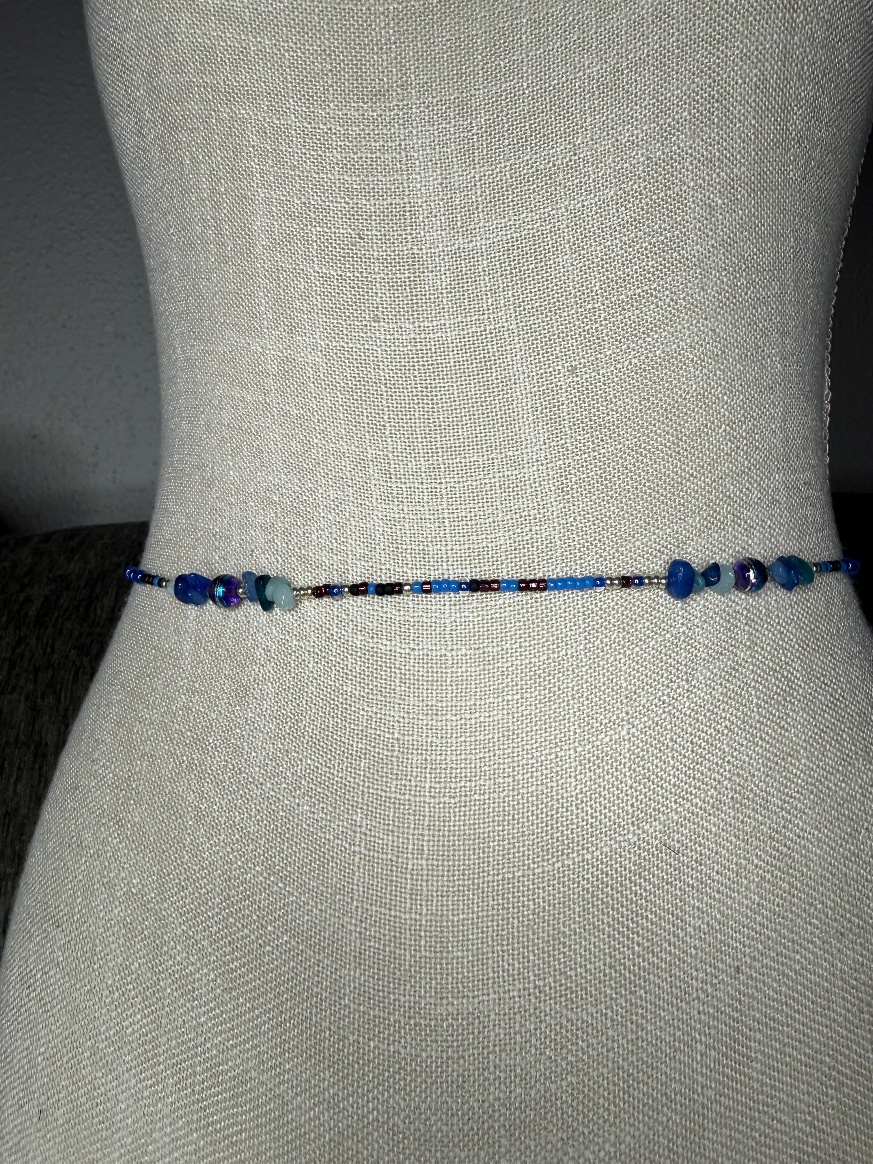 Blue Purple Black Silver Seadbead Waistbeads with Dyed Quartz Crystals