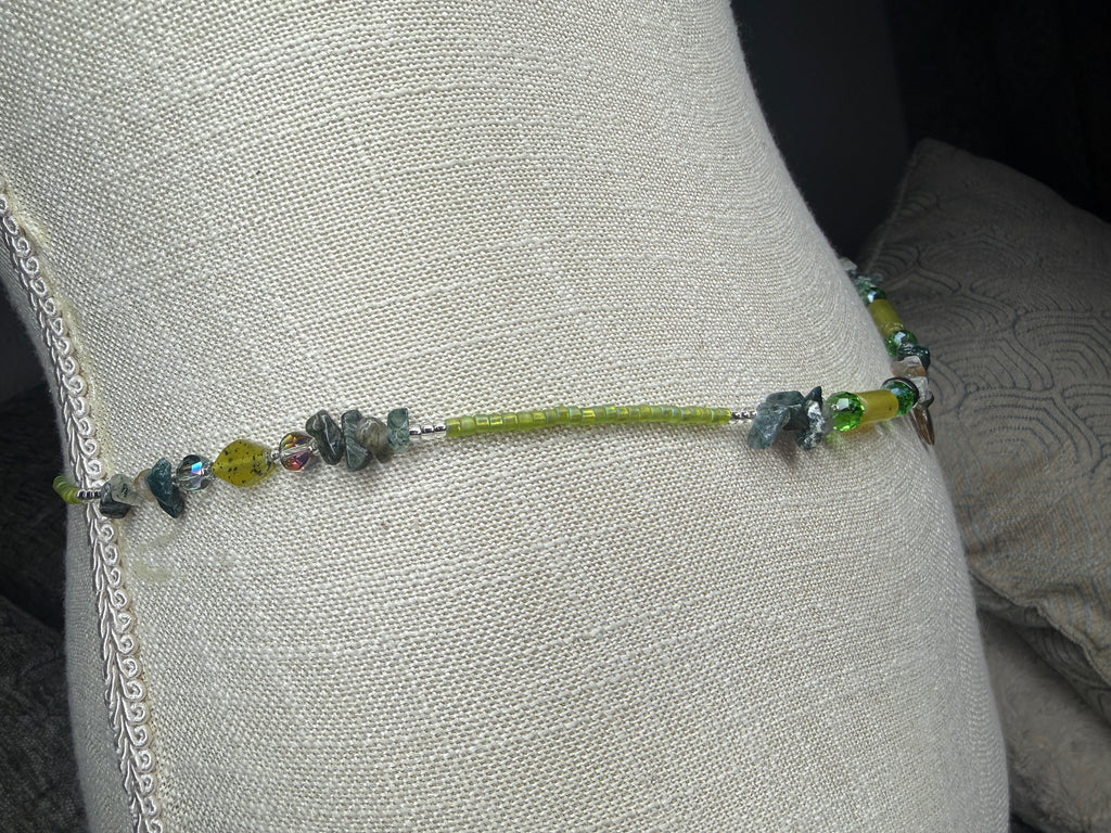 Matte Green Clear Seadbead Waistbeads with Authentic Crystals and Silver Shell Charm