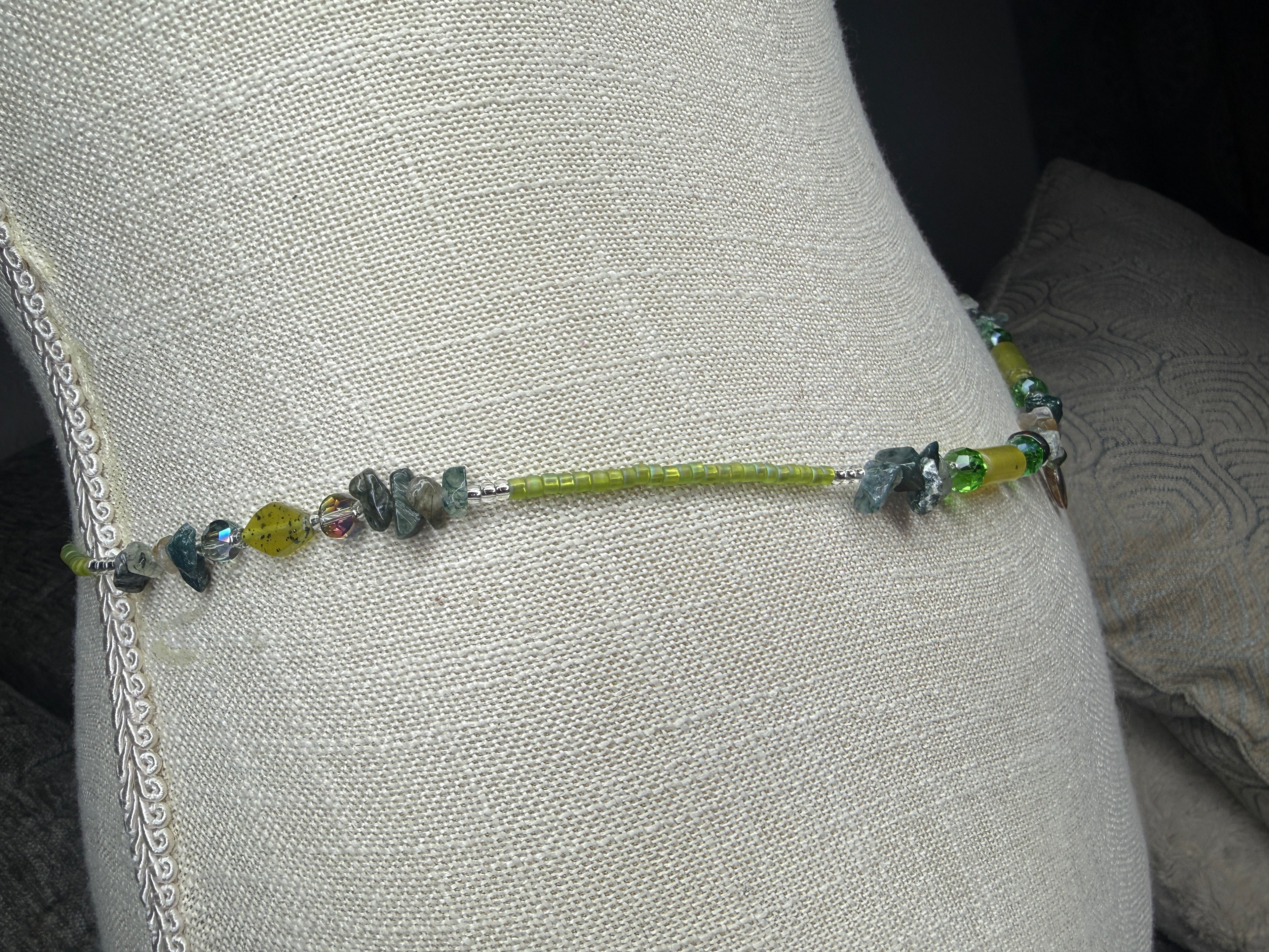 Matte Green Clear Seadbead Waistbeads with Authentic Crystals and Silver Shell Charm