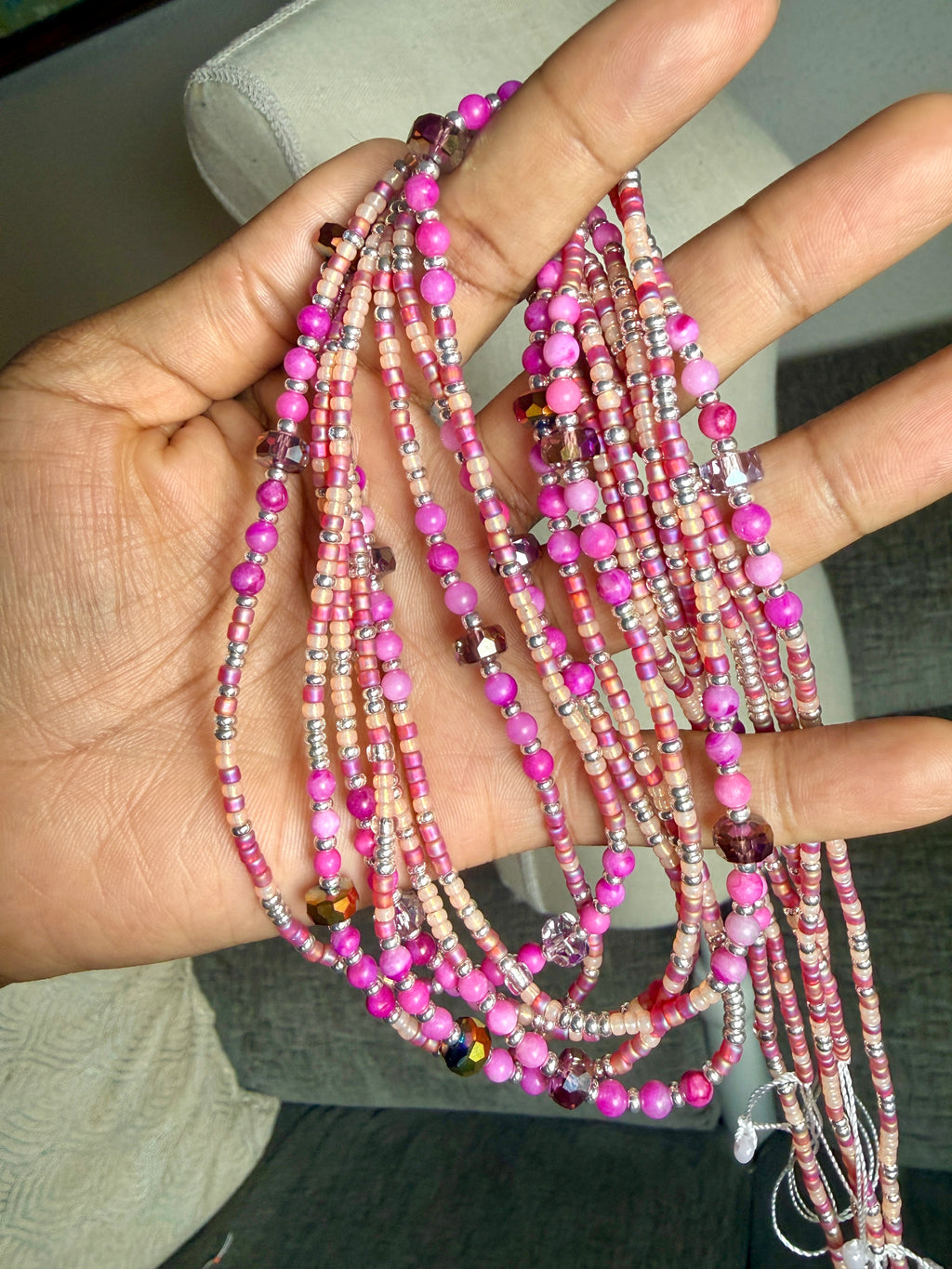 Pink Peach Silver Seadbead Waistbeads with Crystal Rounds
