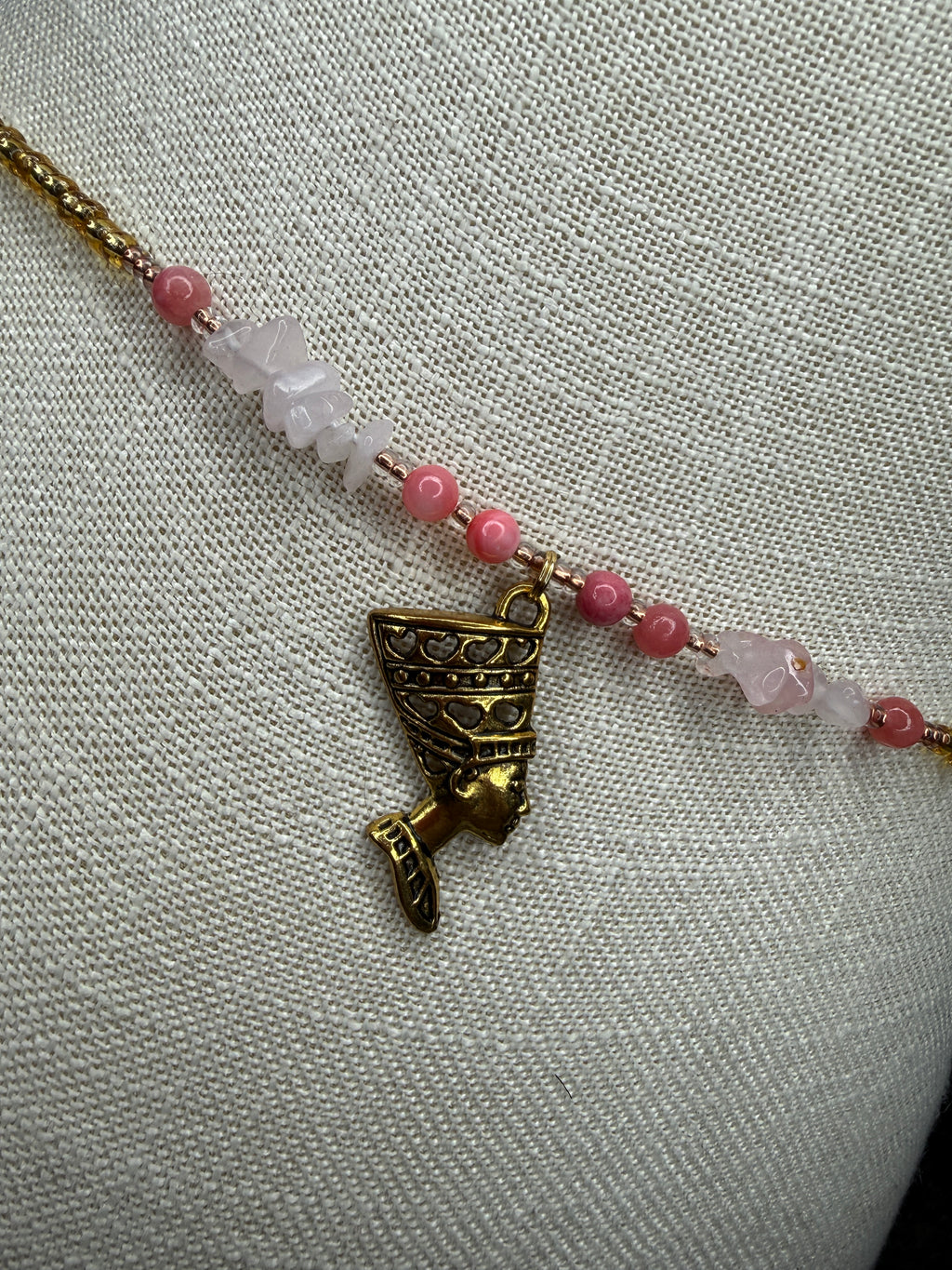 Gold Seadbead Waistbeads with Nefertiti Goddess Charm and Rose Quartz Crystals with Natural Shell Beads
