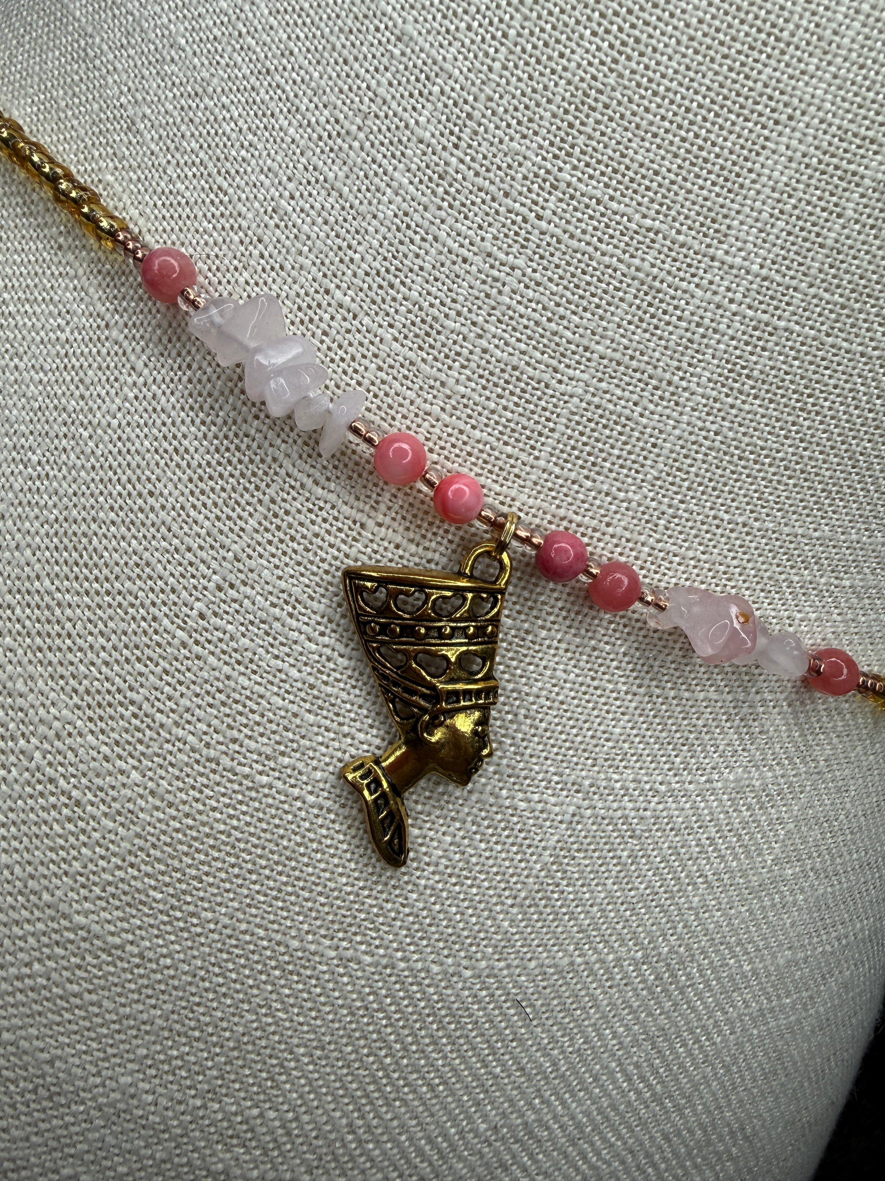 Gold Seadbead Waistbeads with Nefertiti Goddess Charm and Rose Quartz Crystals with Natural Shell Beads