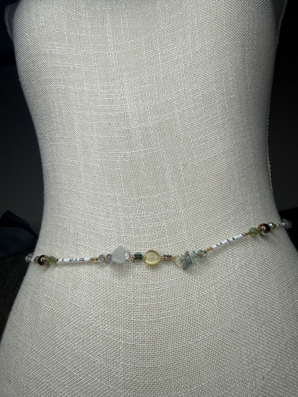 Multicolor Seadbead Waistbeads with Heart Crystals Accent Beads and Fluorite on Wire