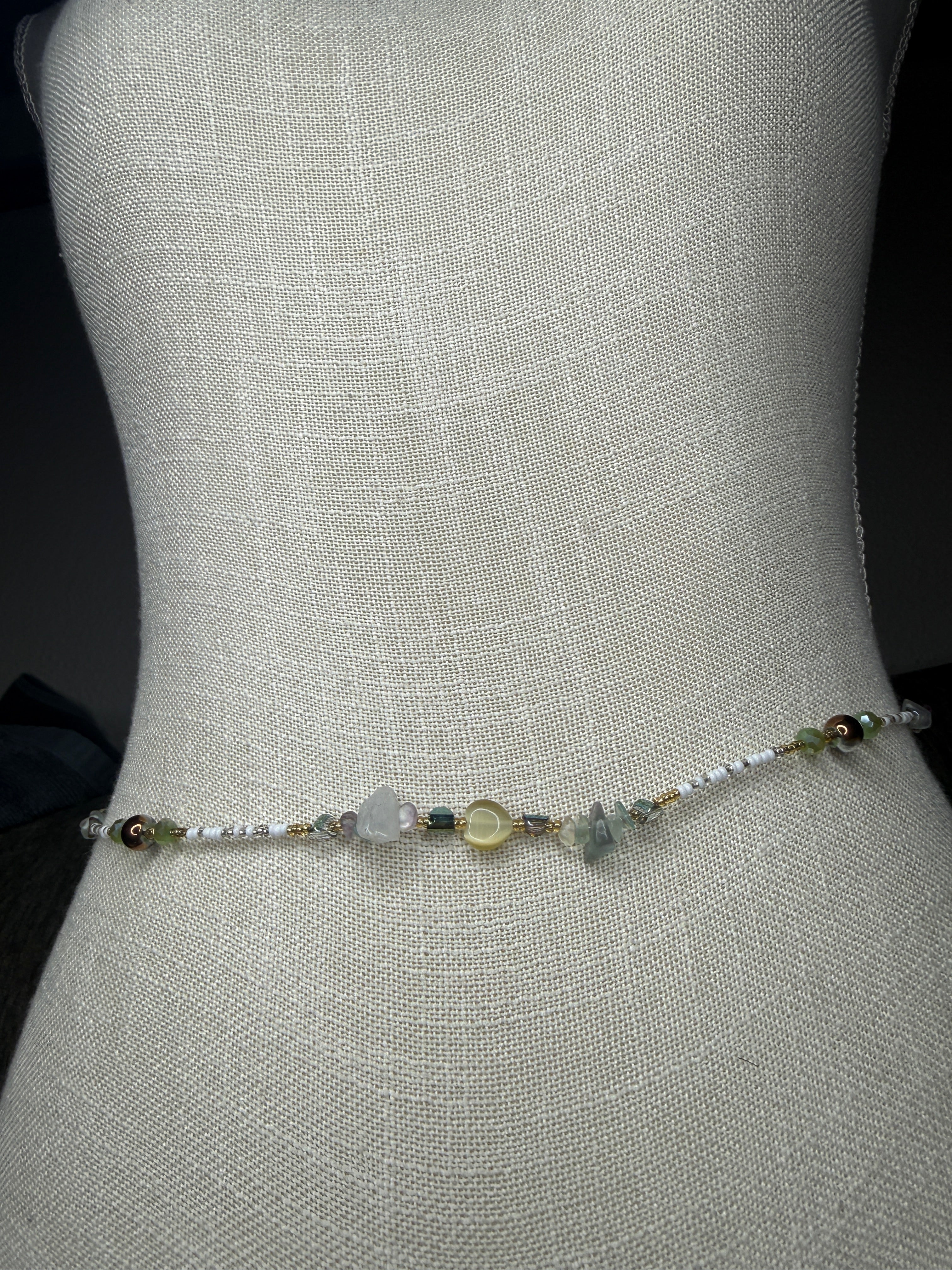 Multicolor Seadbead Waistbeads with Heart Crystals Accent Beads and Fluorite on Wire