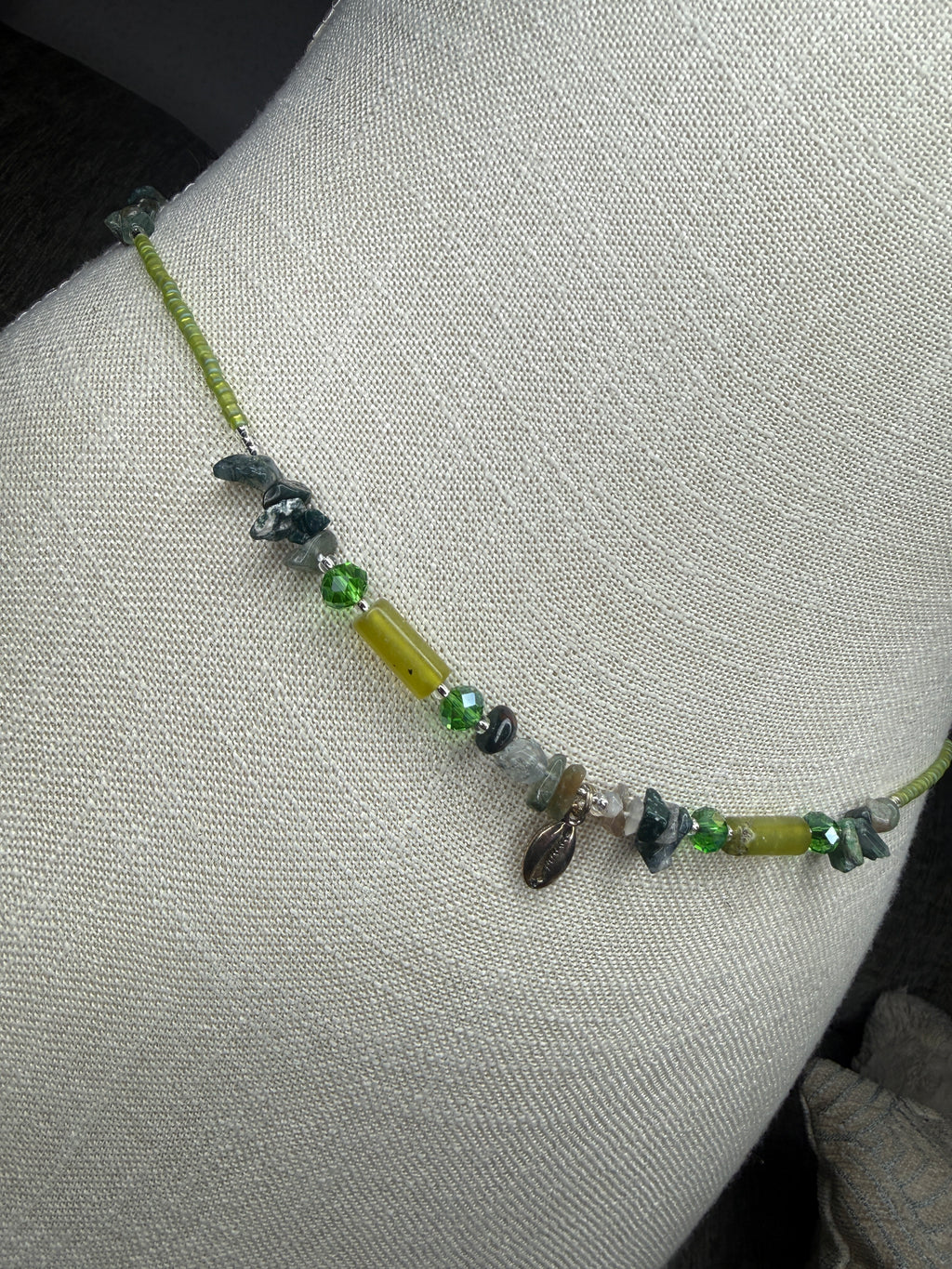 Matte Green Clear Seadbead Waistbeads with Authentic Crystals and Silver Shell Charm