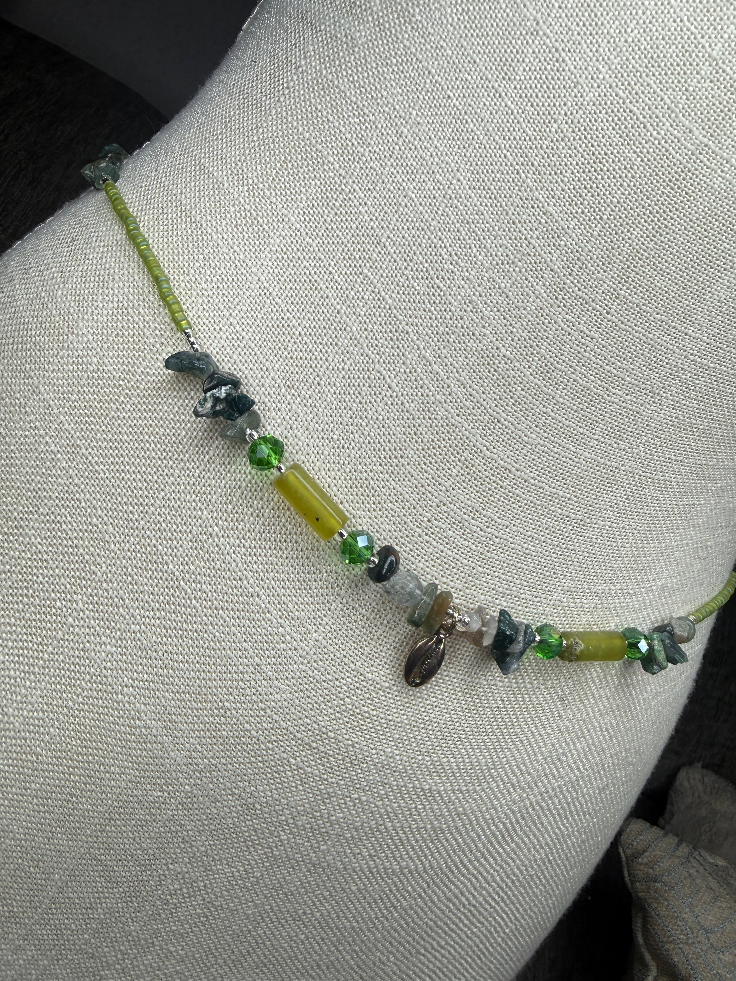 Matte Green Clear Seadbead Waistbeads with Authentic Crystals and Silver Shell Charm