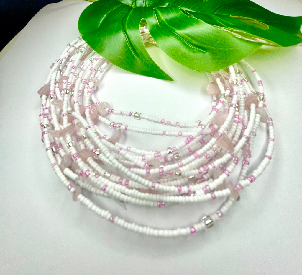 White Pink Clear Seadbead Waistbeads with Rose Quartz for Love on Wire