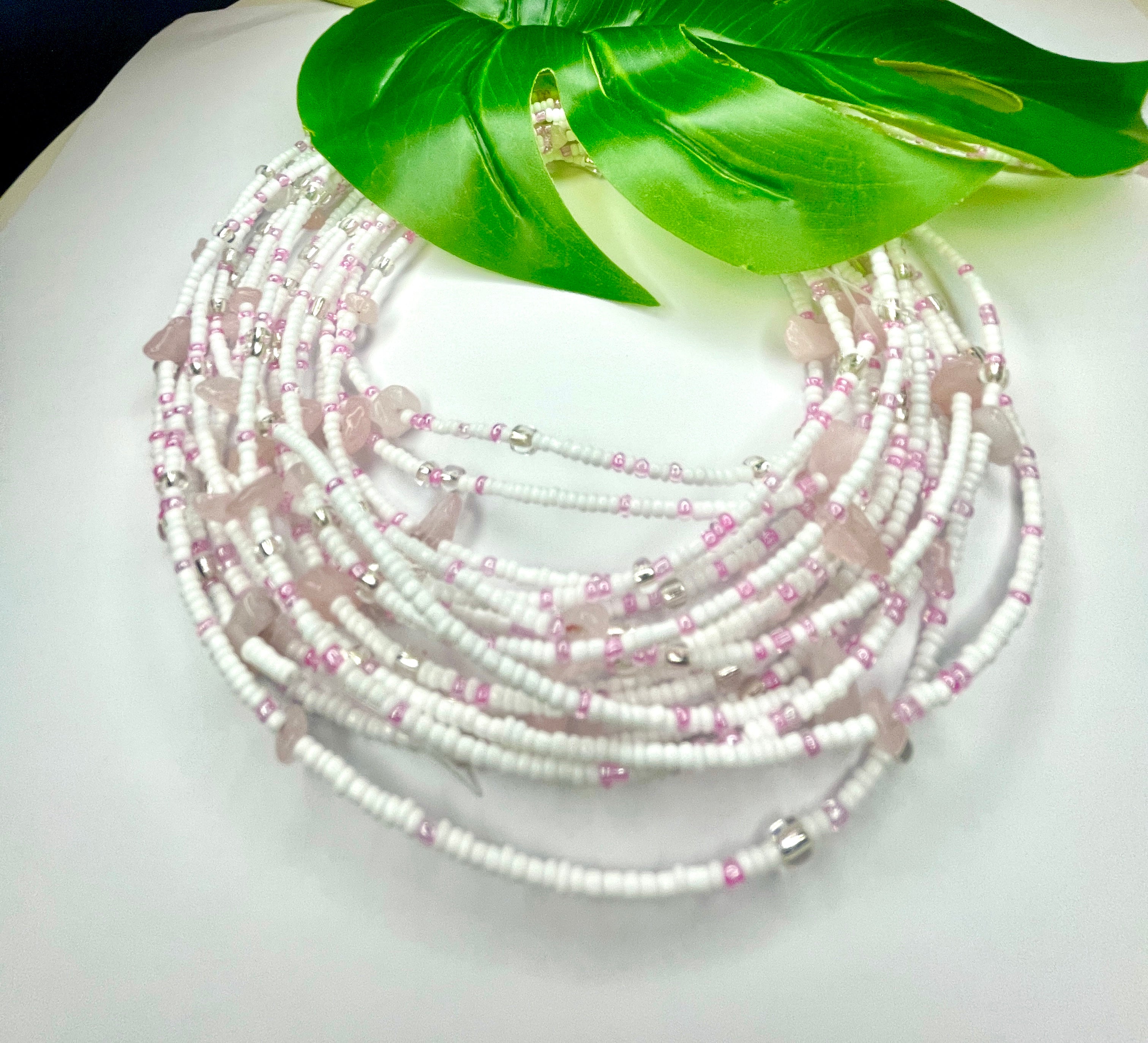White Pink Clear Seadbead Waistbeads with Rose Quartz for Love on Wire