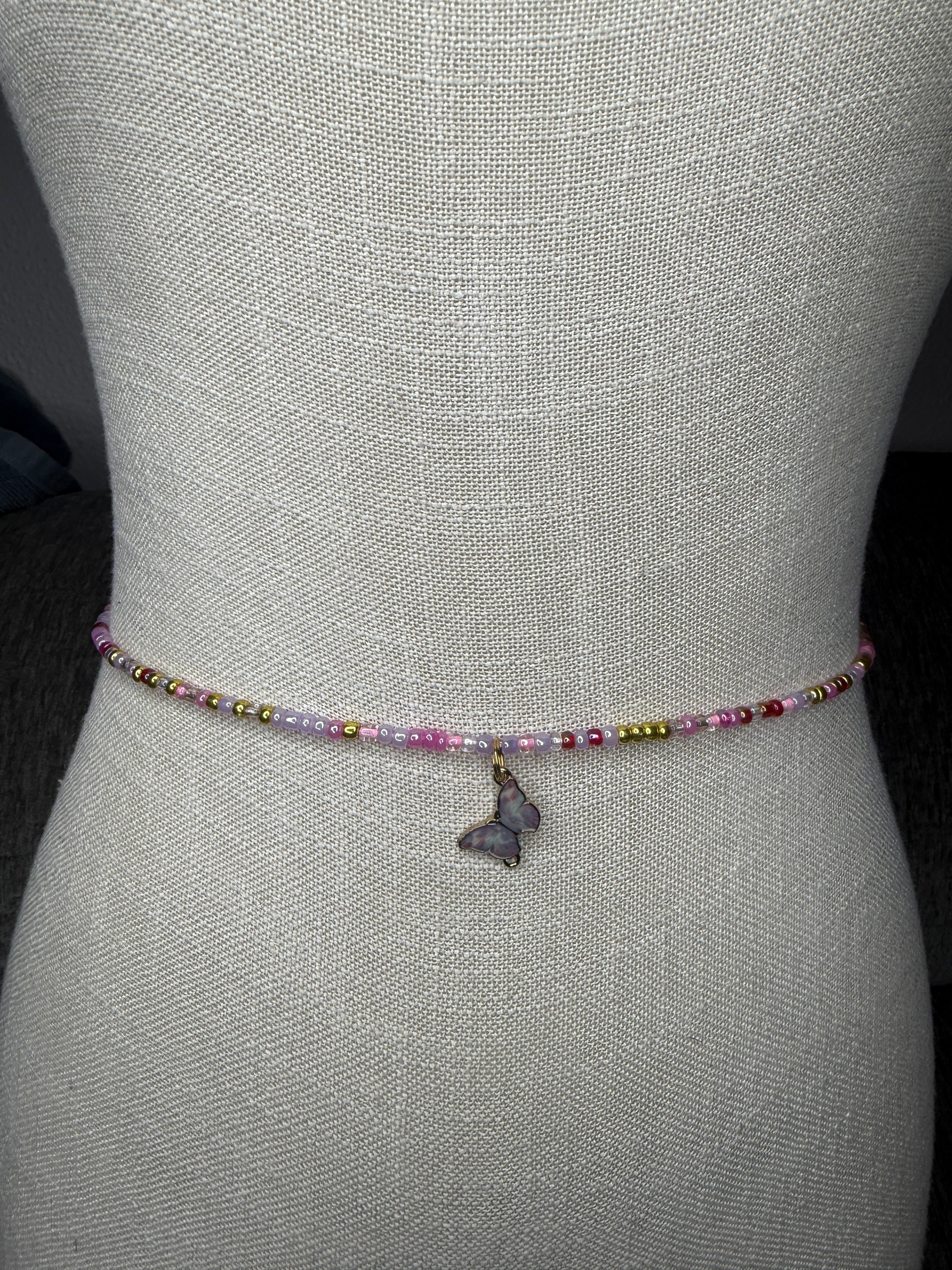 Pink Purple Gold Seadbead Waistbeads with Butterfly Charm