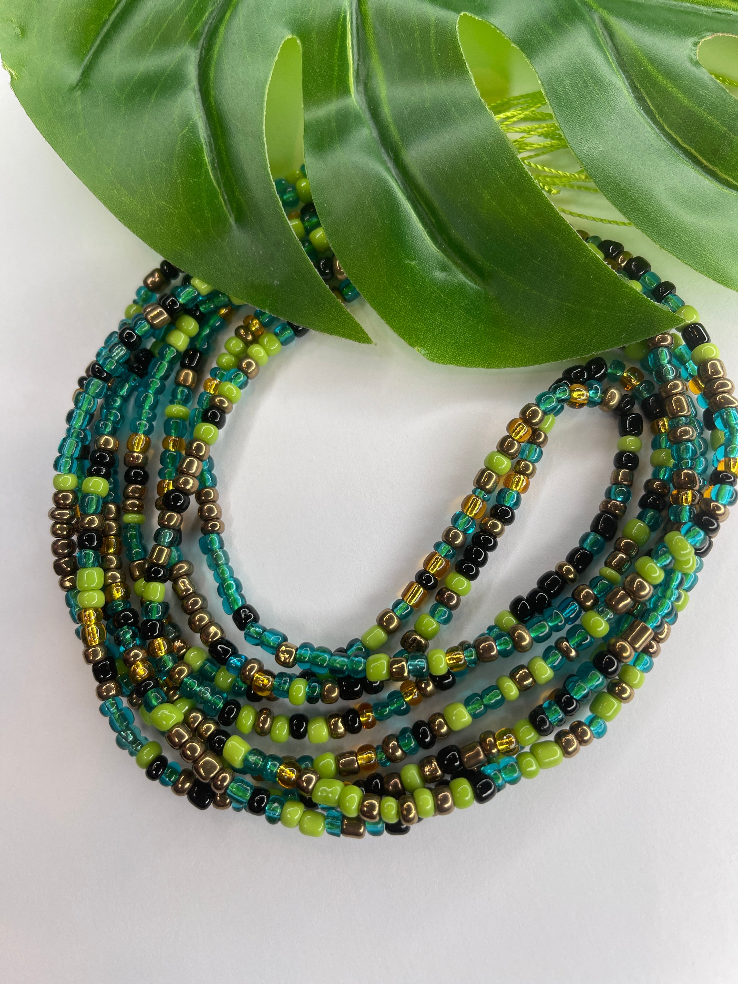 Turquoise Green Black Bronze Seadbead Waistbeads (Zimbah)