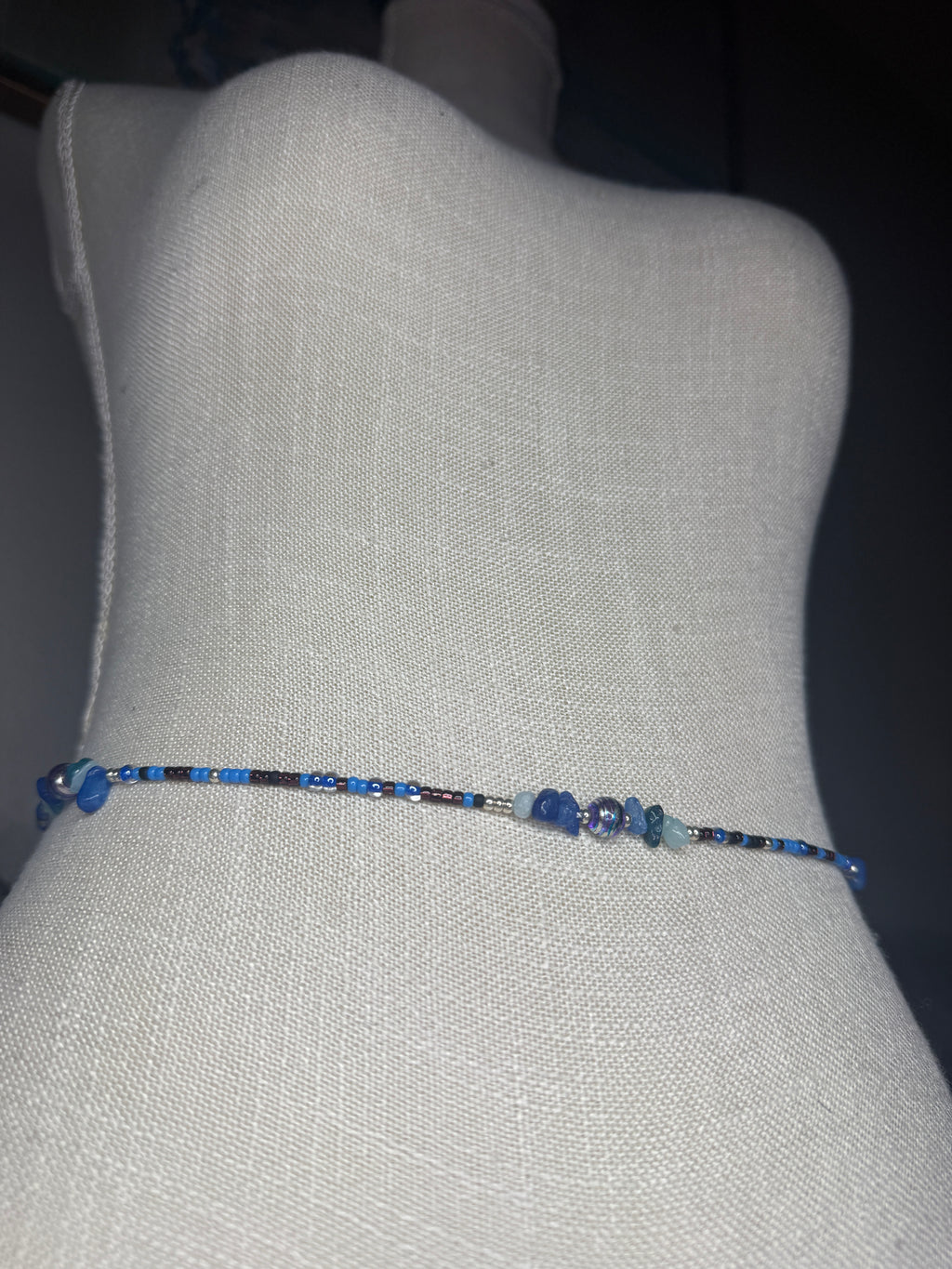 Blue Purple Black Silver Seadbead Waistbeads with Dyed Quartz Crystals