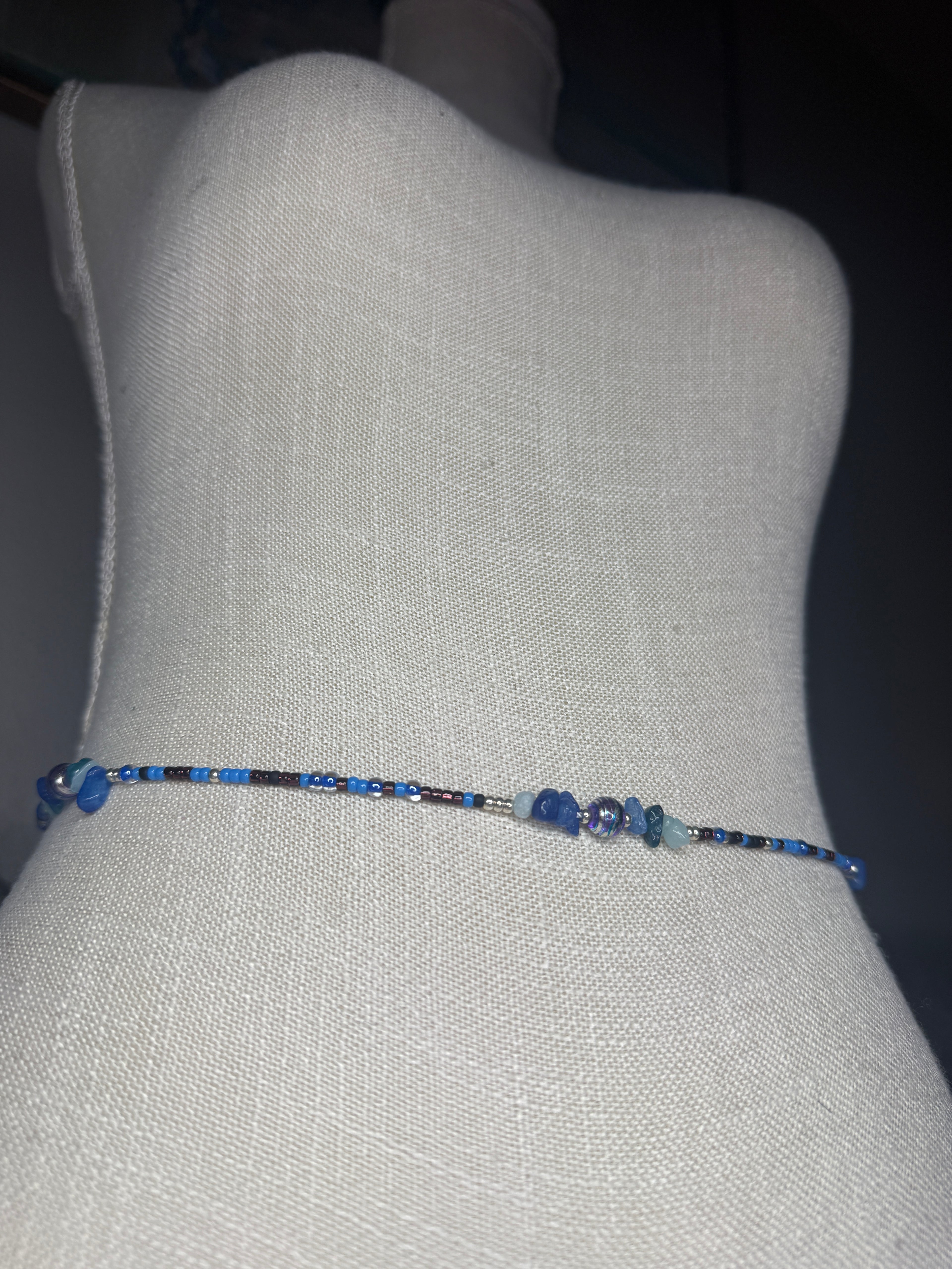 Blue Purple Black Silver Seadbead Waistbeads with Dyed Quartz Crystals