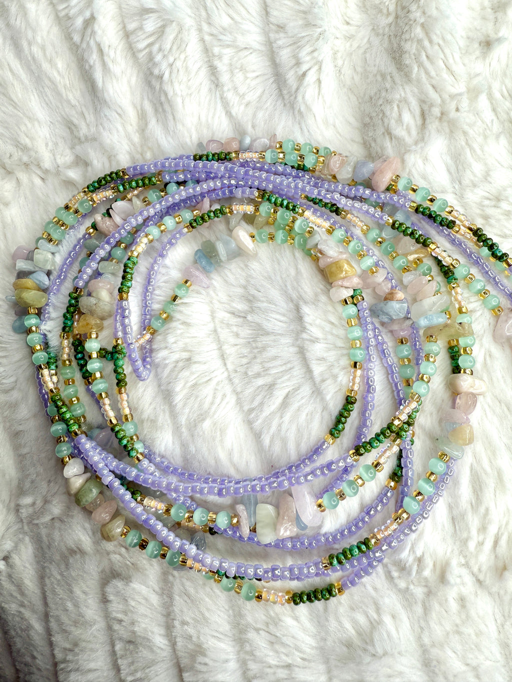 Purple Green Seadbead Waistbeads with Morganite Crystals on Wire