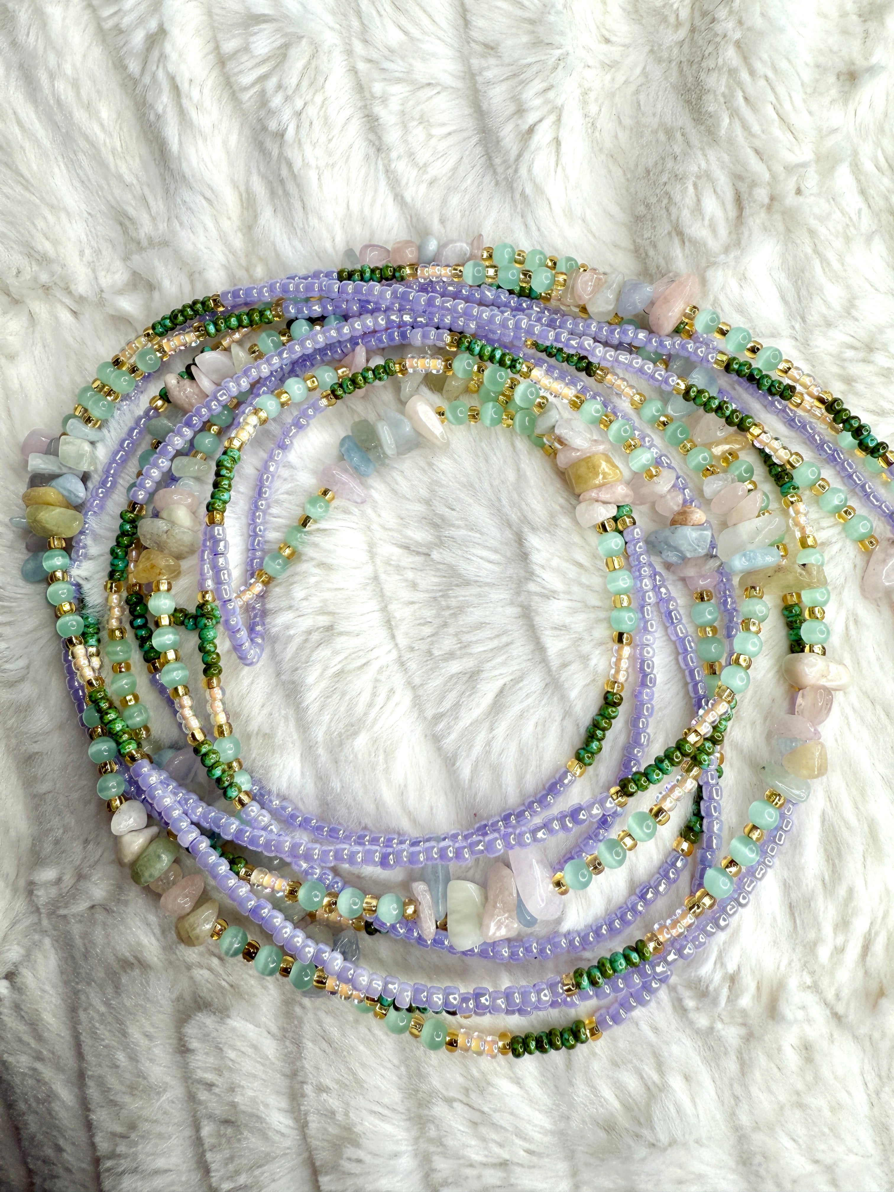 Purple Green Seadbead Waistbeads with Morganite Crystals on Wire