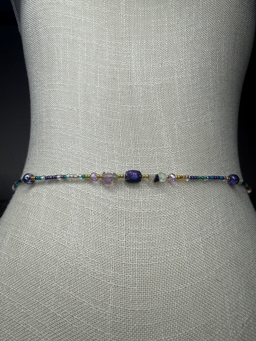 Purple Teal Seadbead Waistbeads with Authentic Fluorite Crystals