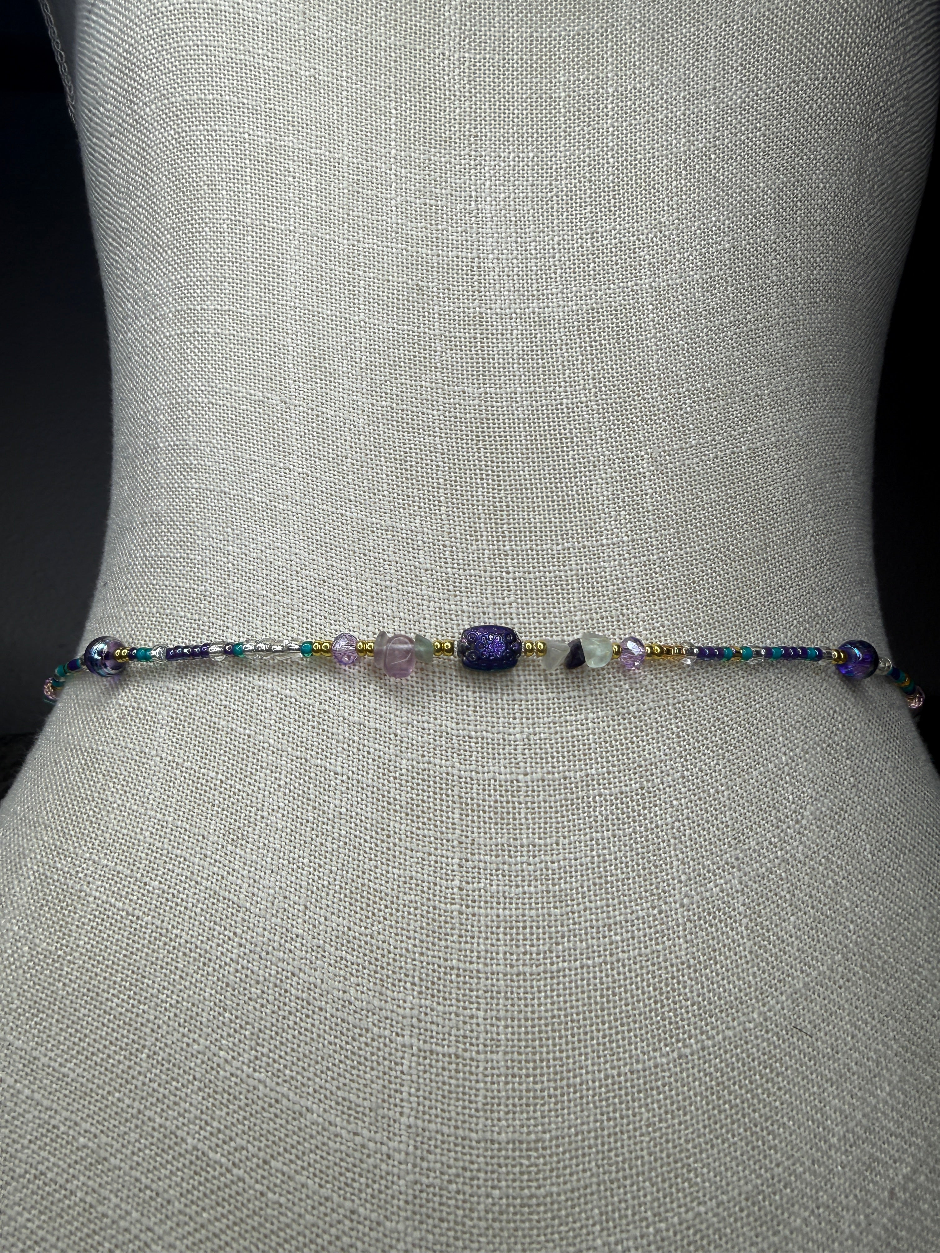 Purple Teal Seadbead Waistbeads with Authentic Fluorite Crystals