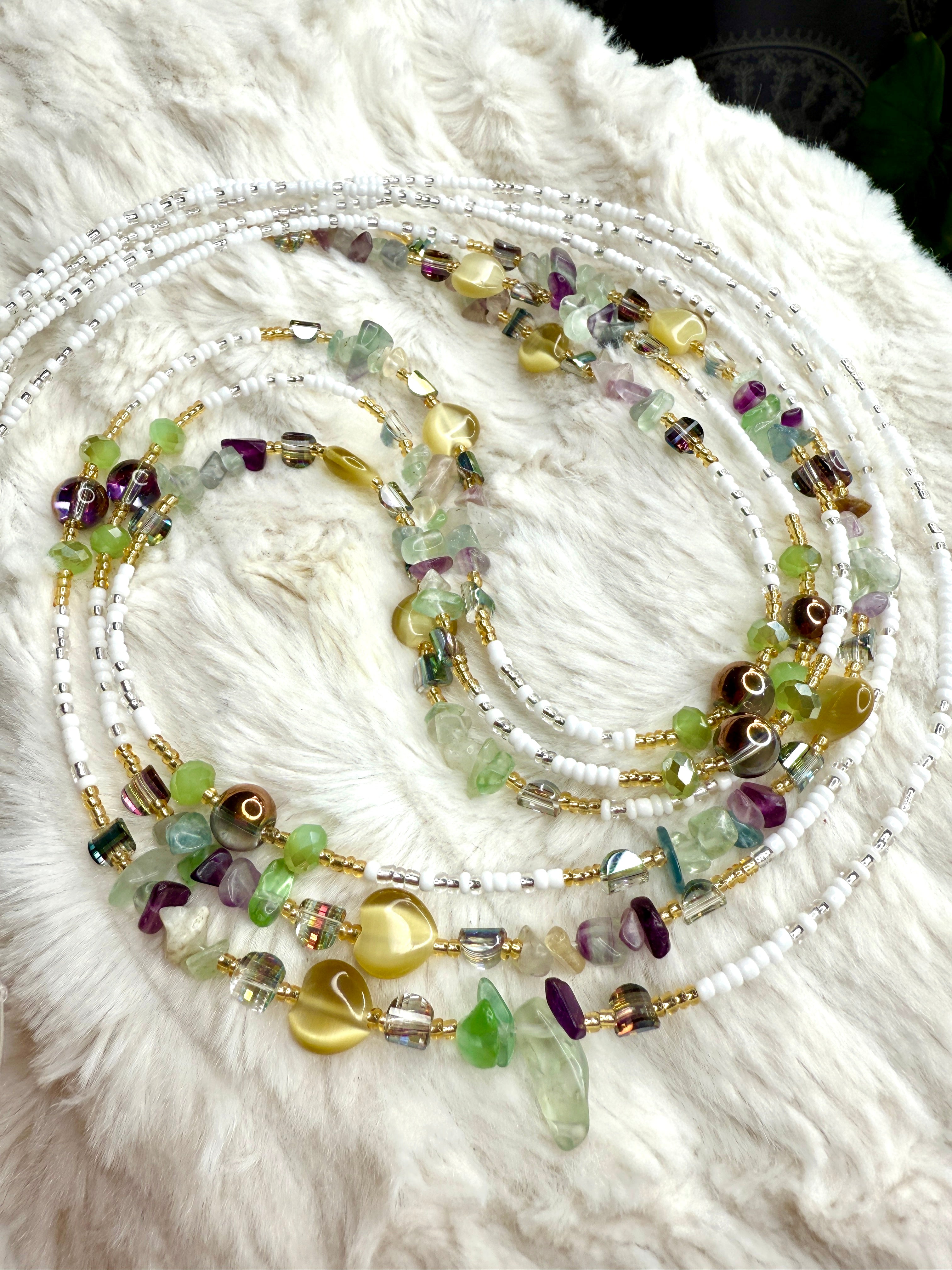 Multicolor Seadbead Waistbeads with Heart Crystals Accent Beads and Fluorite on Wire