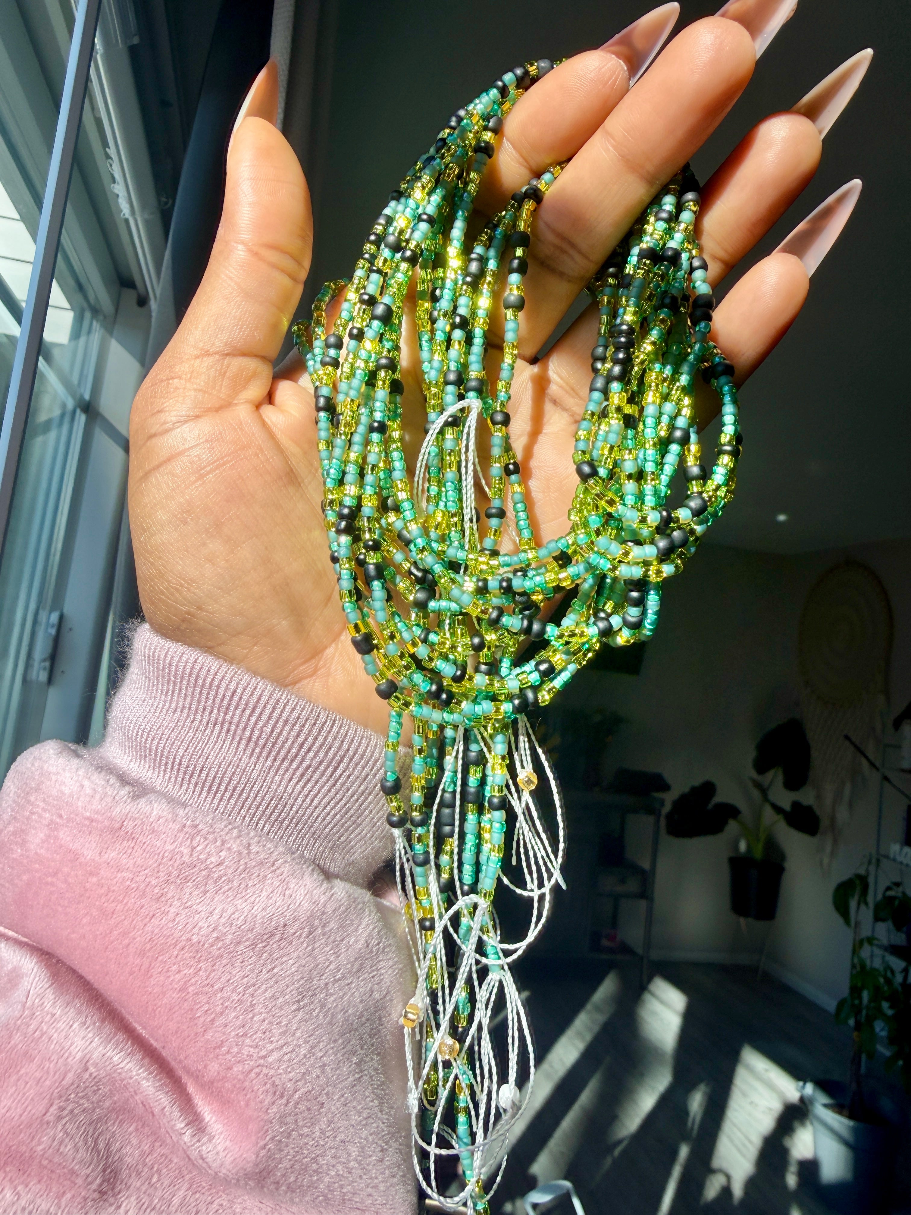 Green Yellow Black Earth Tone Neutral Seadbead Waistbeads (Wealth)