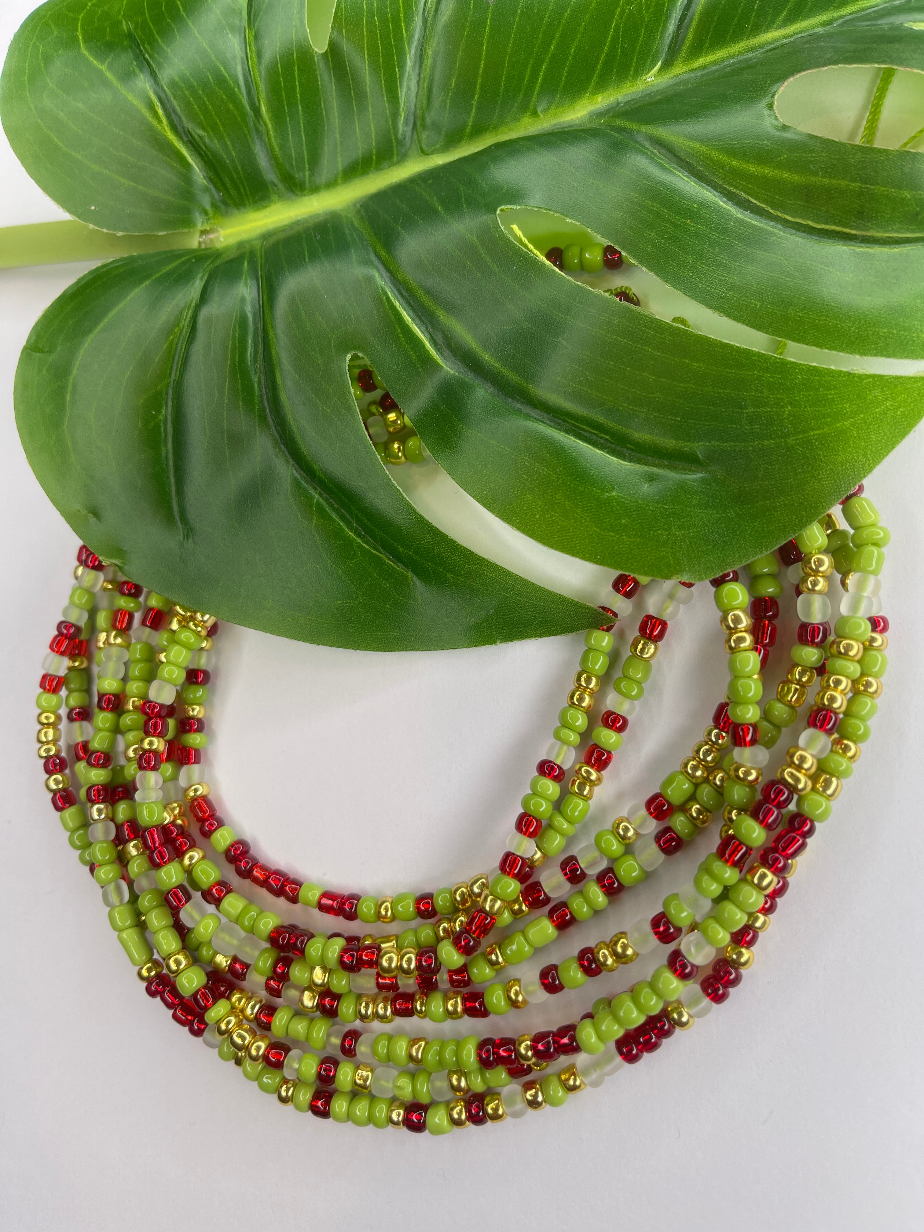 Green Red Matte Clear Gold Seadbead Waistbeads (Dancing Limes)