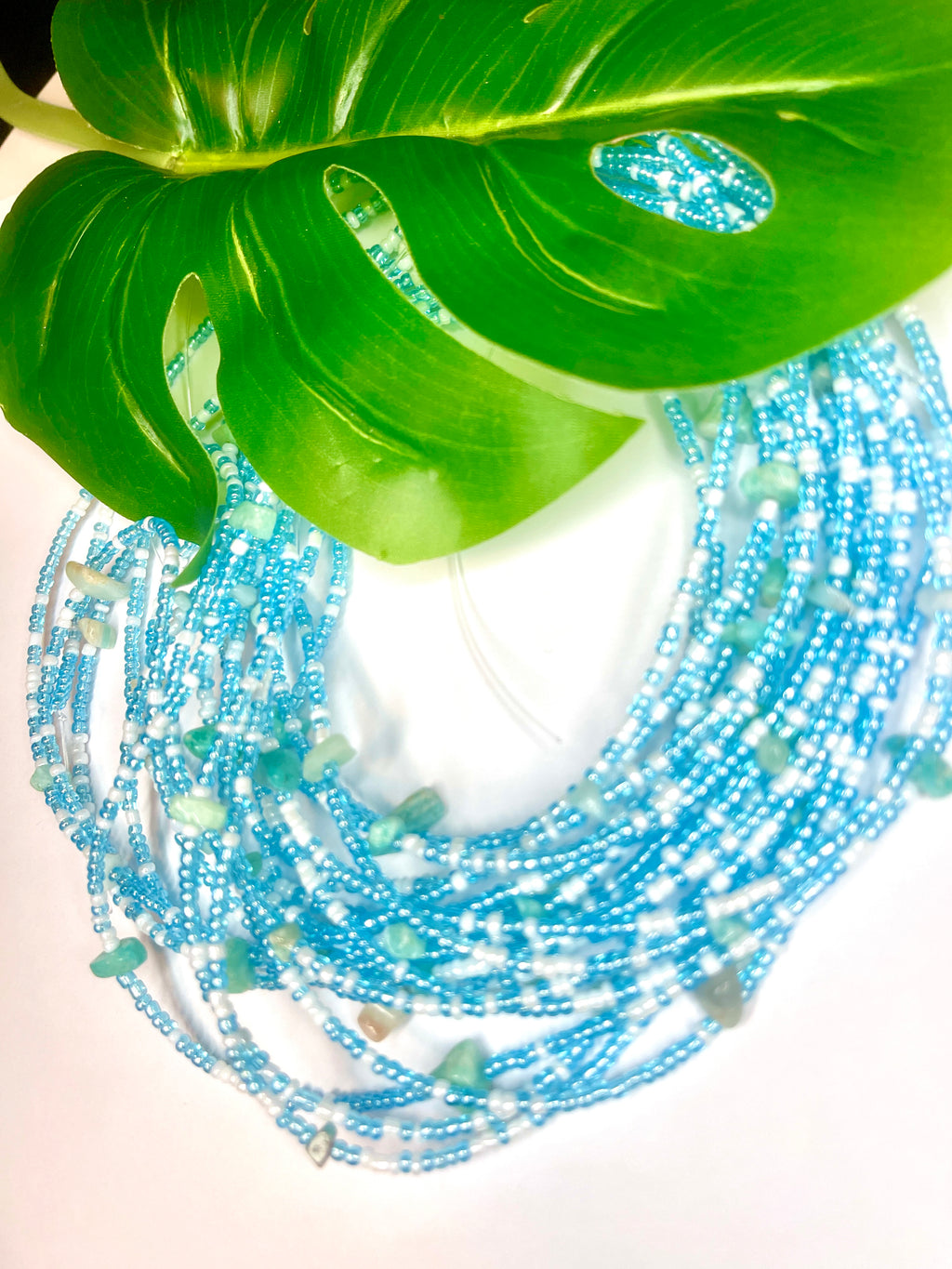 Blue White Seadbead Waistbeads with Amazonite for Communication on Wire