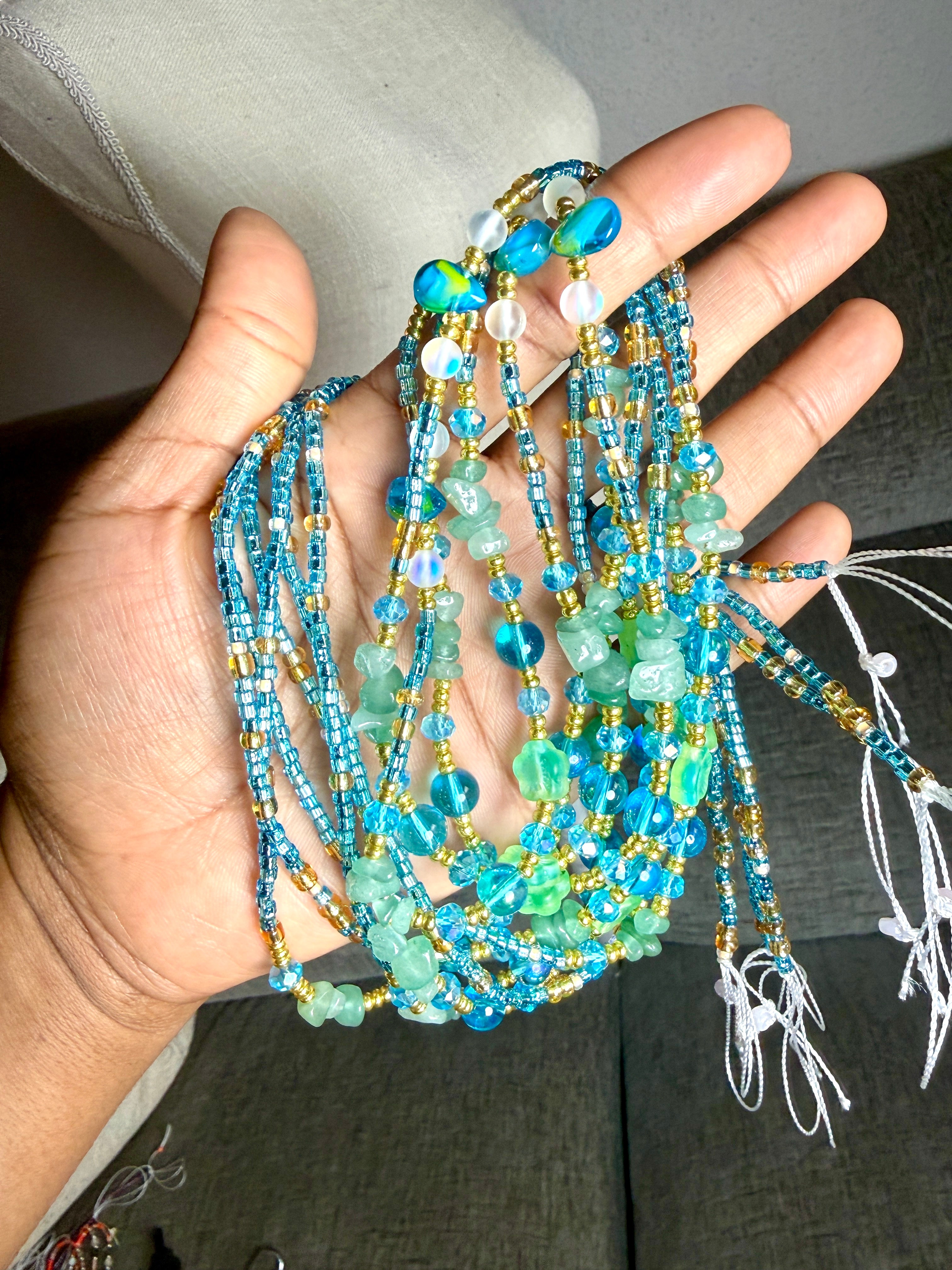 Blue Gold Seadbead Waistbeads with Authentic Fluorite Crystals Flower Accent Beads