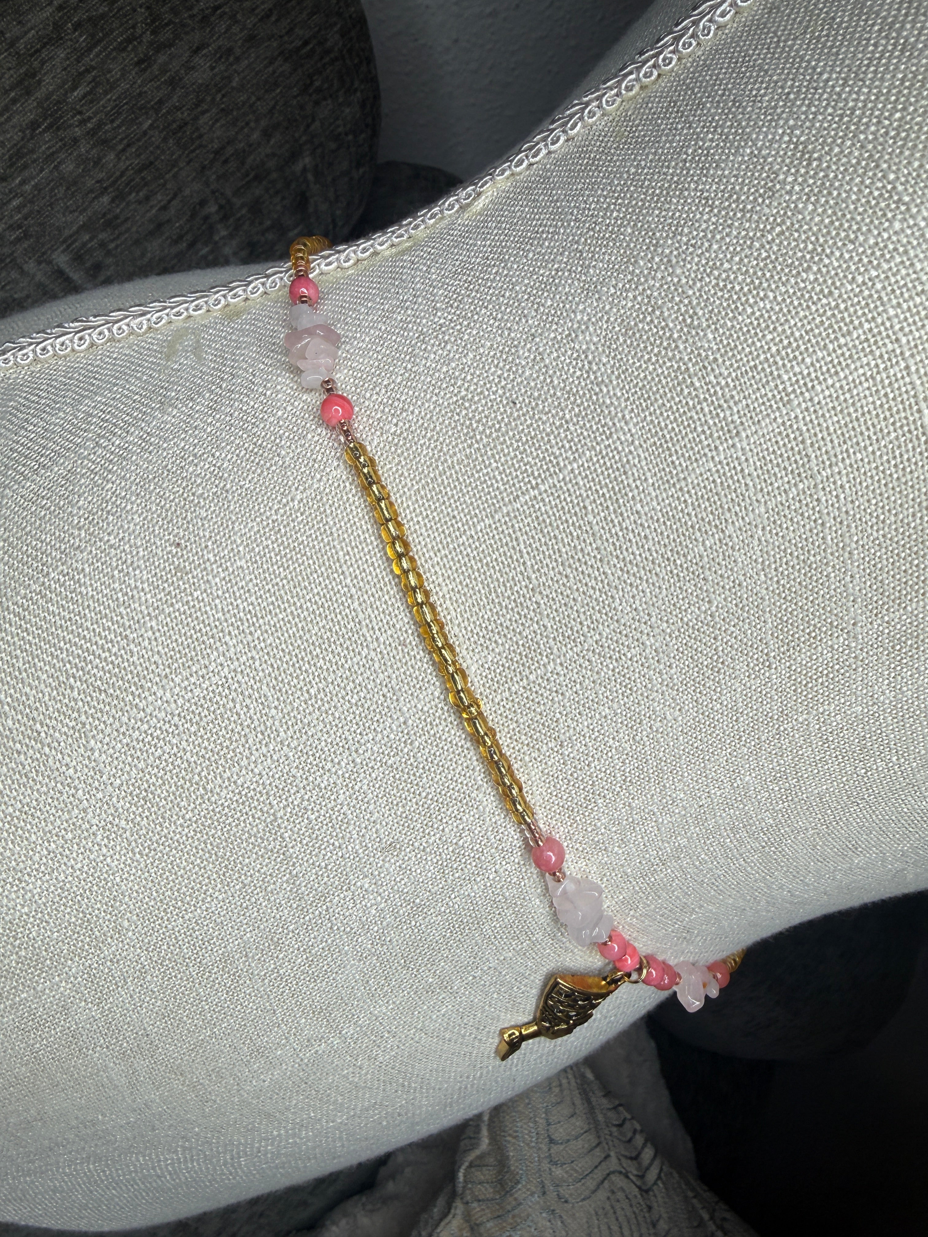 Gold Seadbead Waistbeads with Nefertiti Goddess Charm and Rose Quartz Crystals with Natural Shell Beads