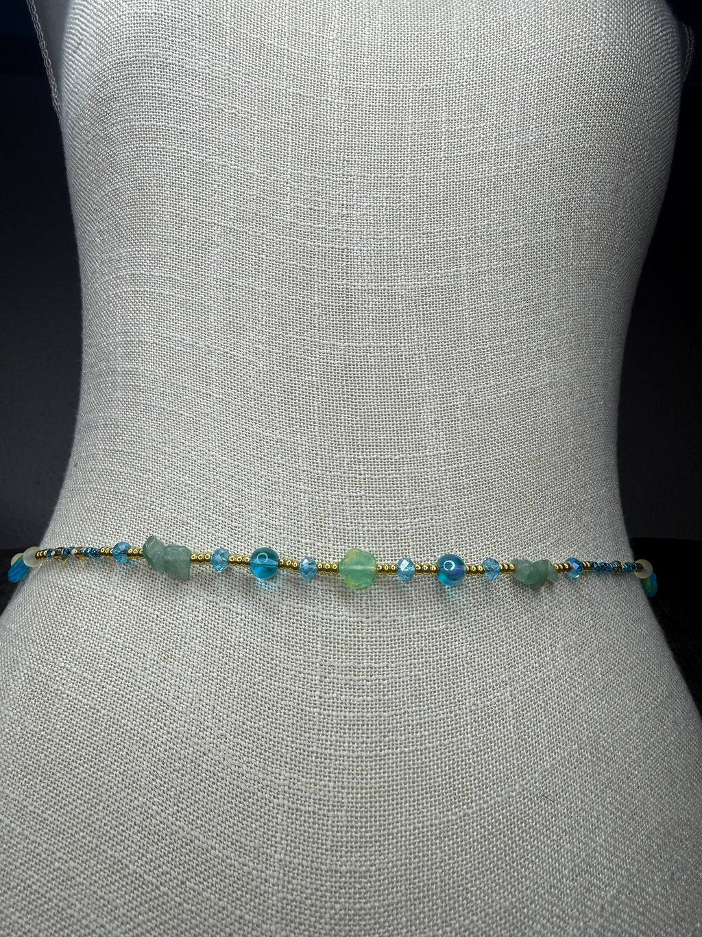 Blue Gold Seadbead Waistbeads with Authentic Fluorite Crystals Flower Accent Beads