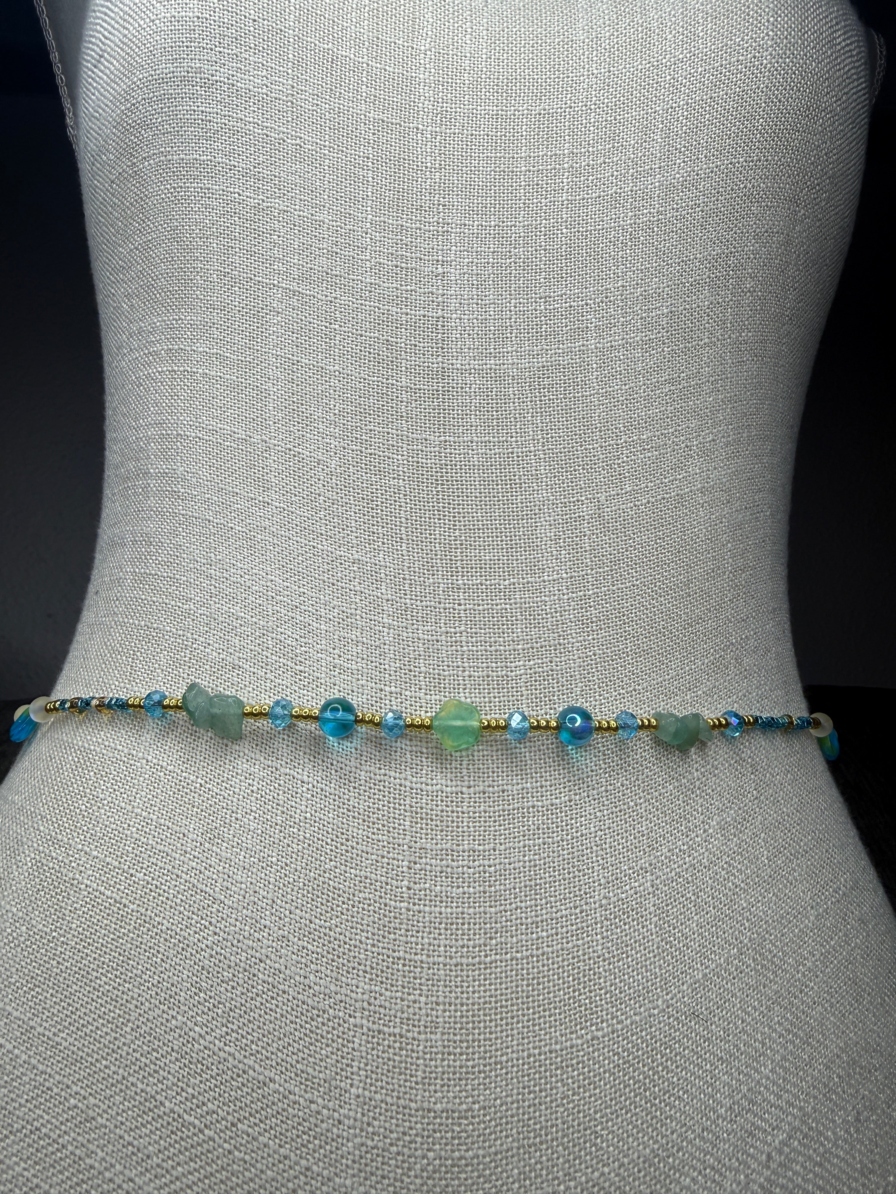 Blue Gold Seadbead Waistbeads with Authentic Fluorite Crystals Flower Accent Beads