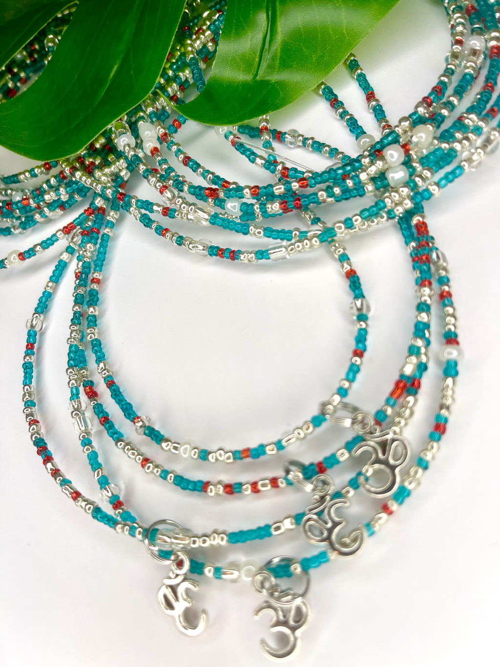 Turquoise Red Seadbead Waistbeads with Silver OM Charm on Wire