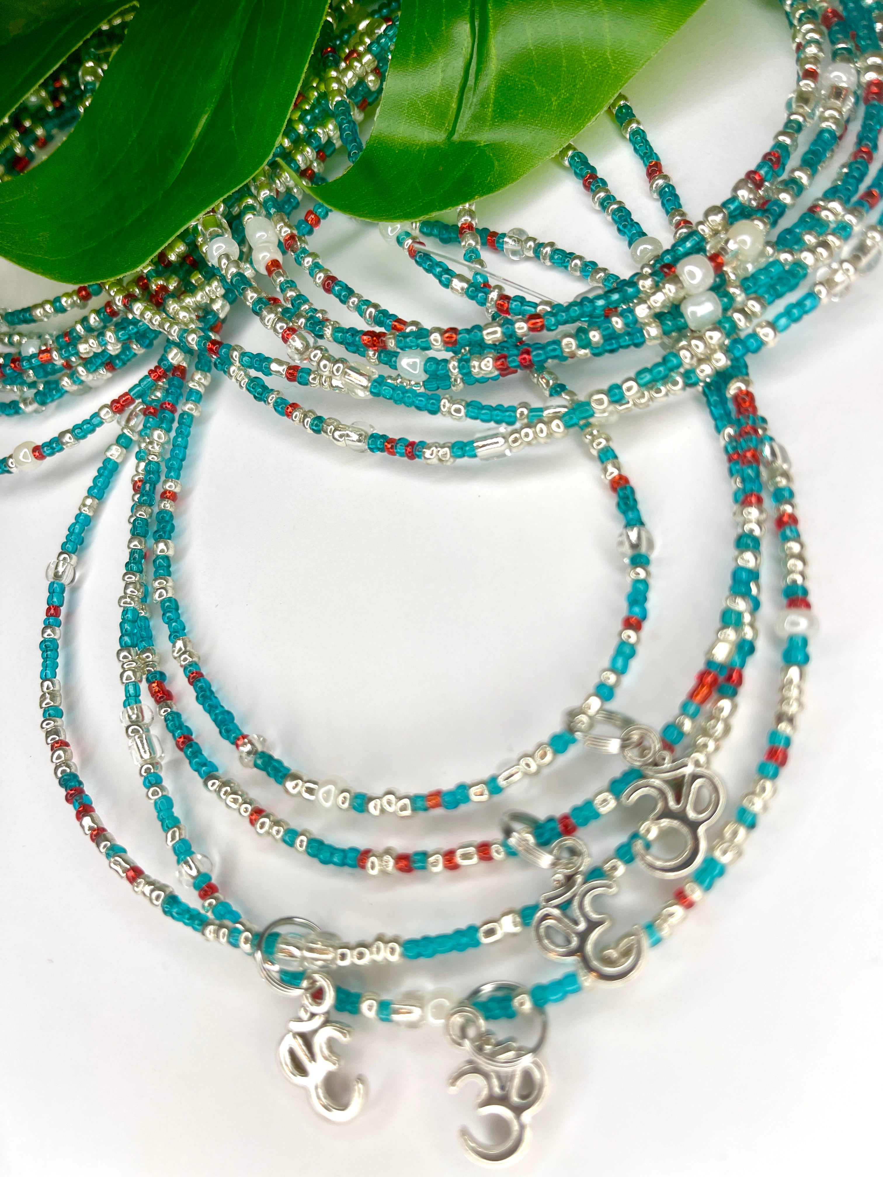 Turquoise Red Seadbead Waistbeads with Silver OM Charm on Wire