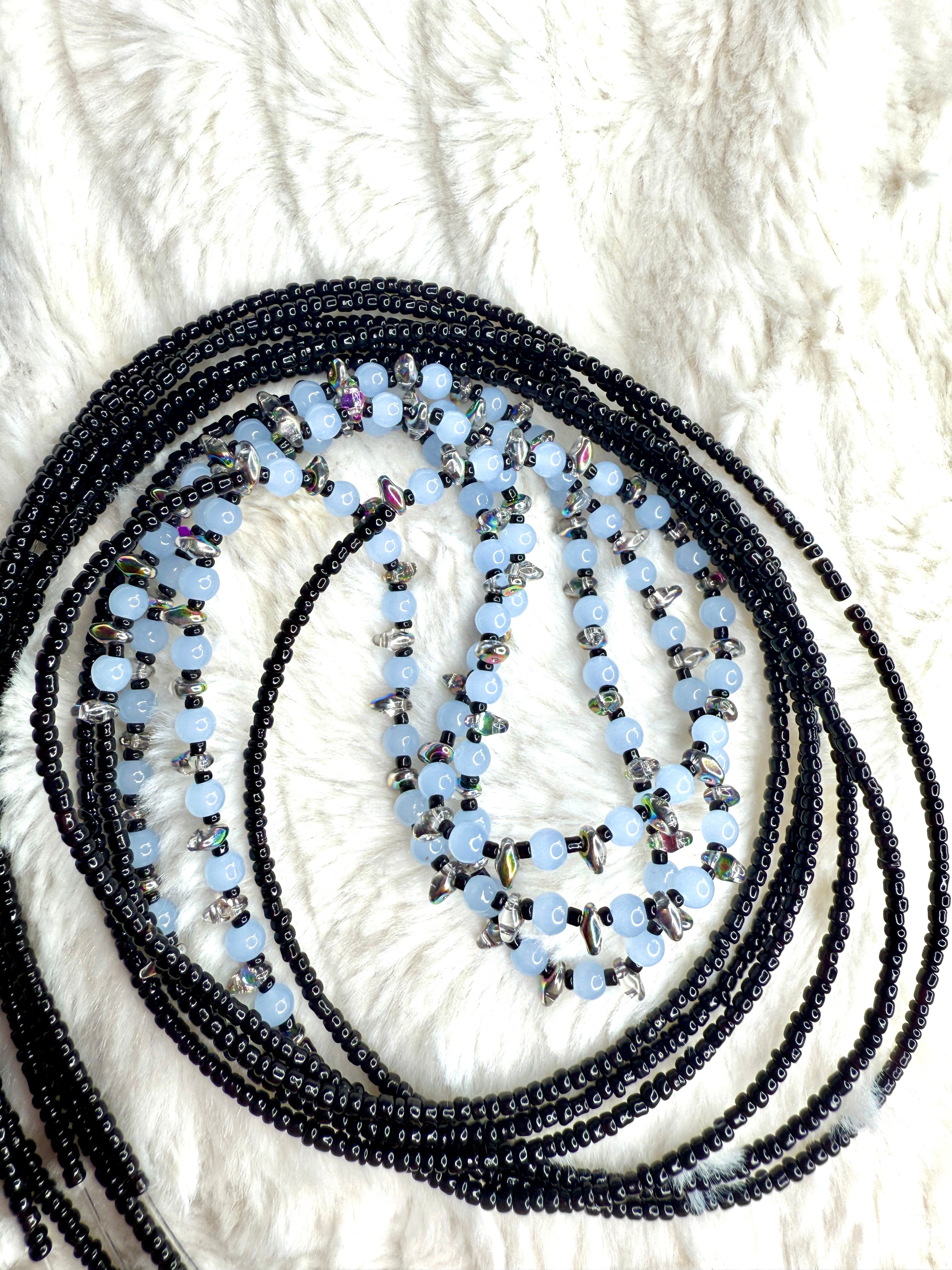 Black Blue Silver Seadbead Waistbeads on Wire