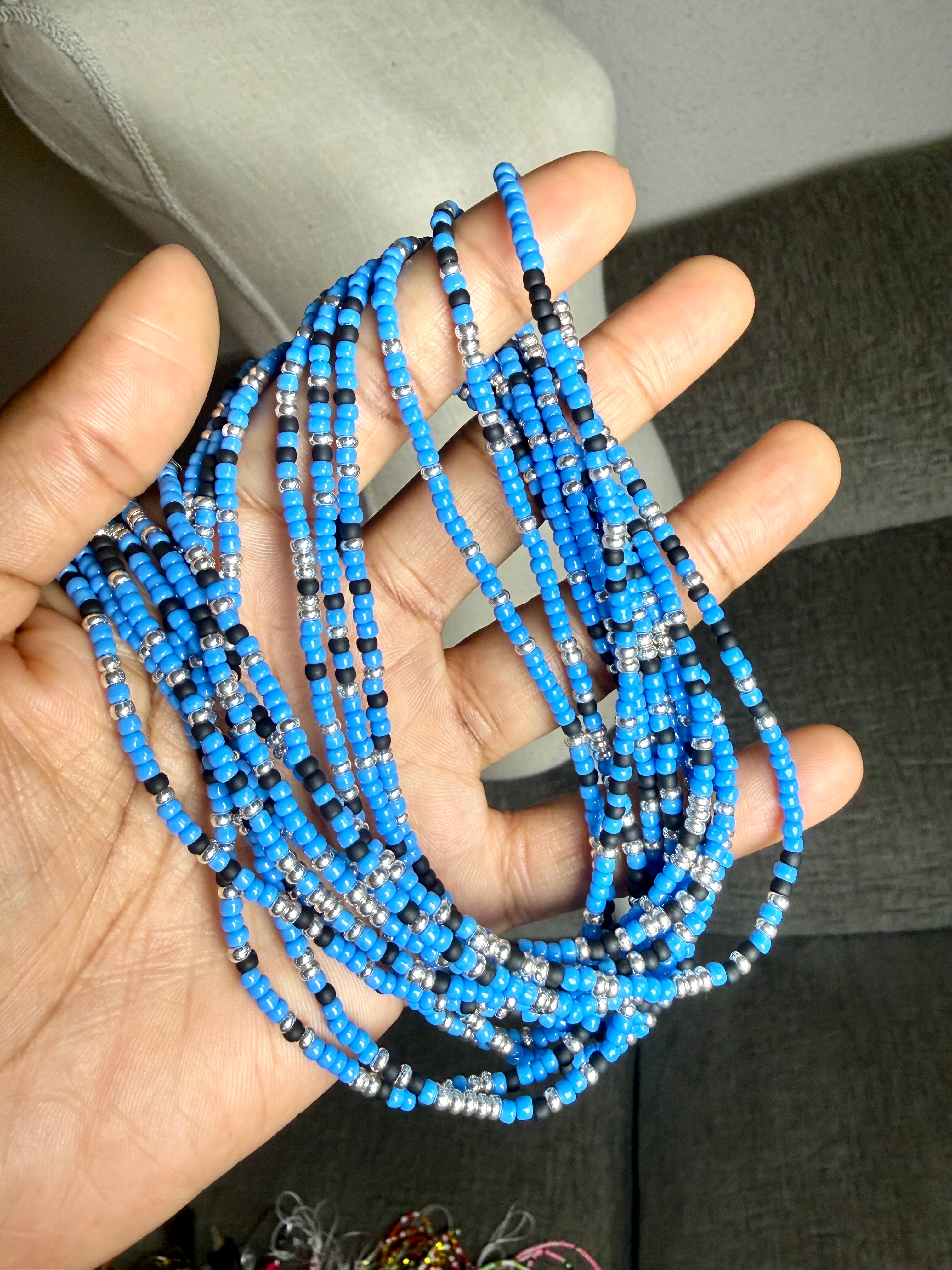 Blue Black Silver Seadbead Waistbeads (Nessah)