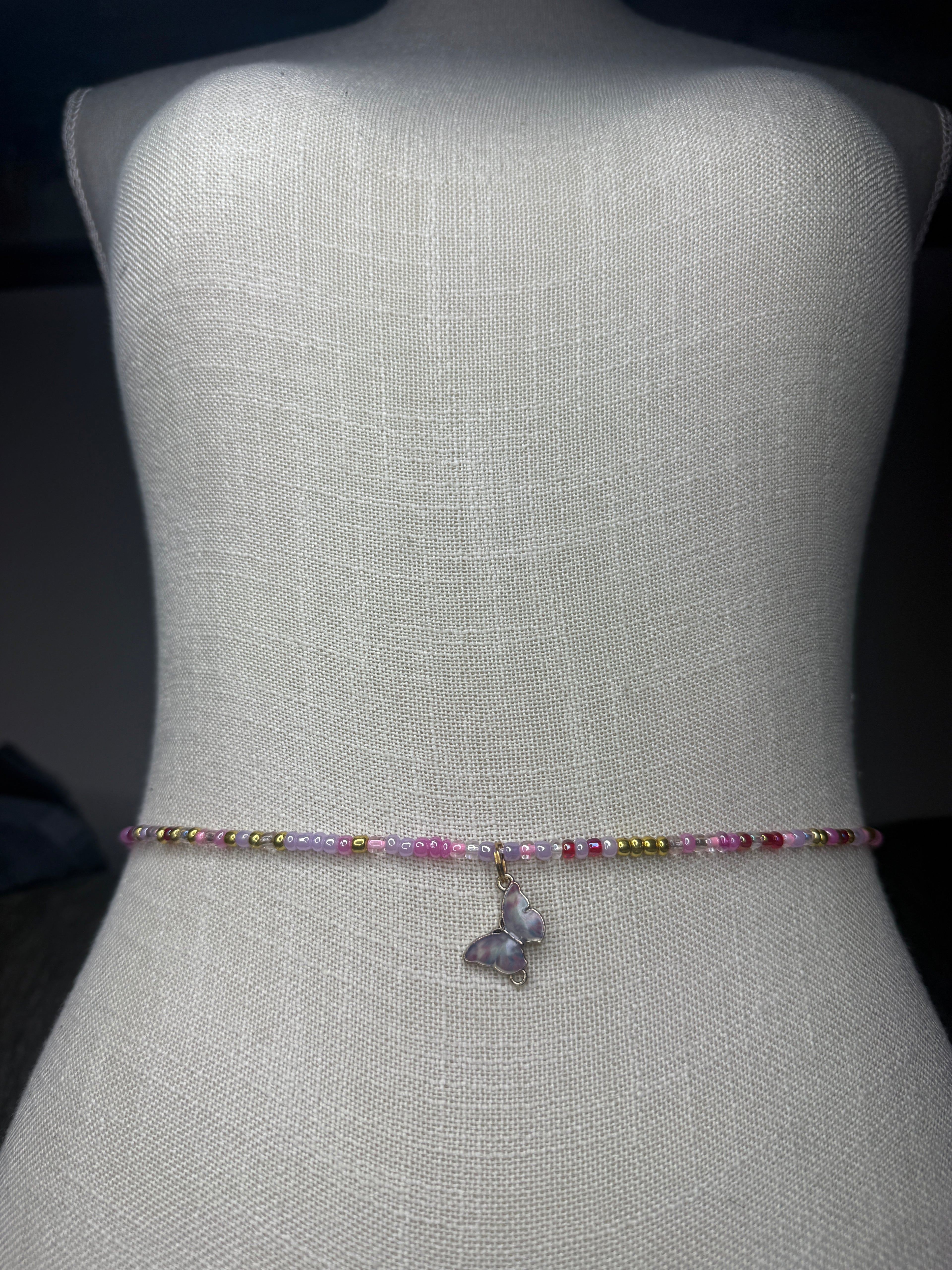 Pink Purple Gold Seadbead Waistbeads with Butterfly Charm