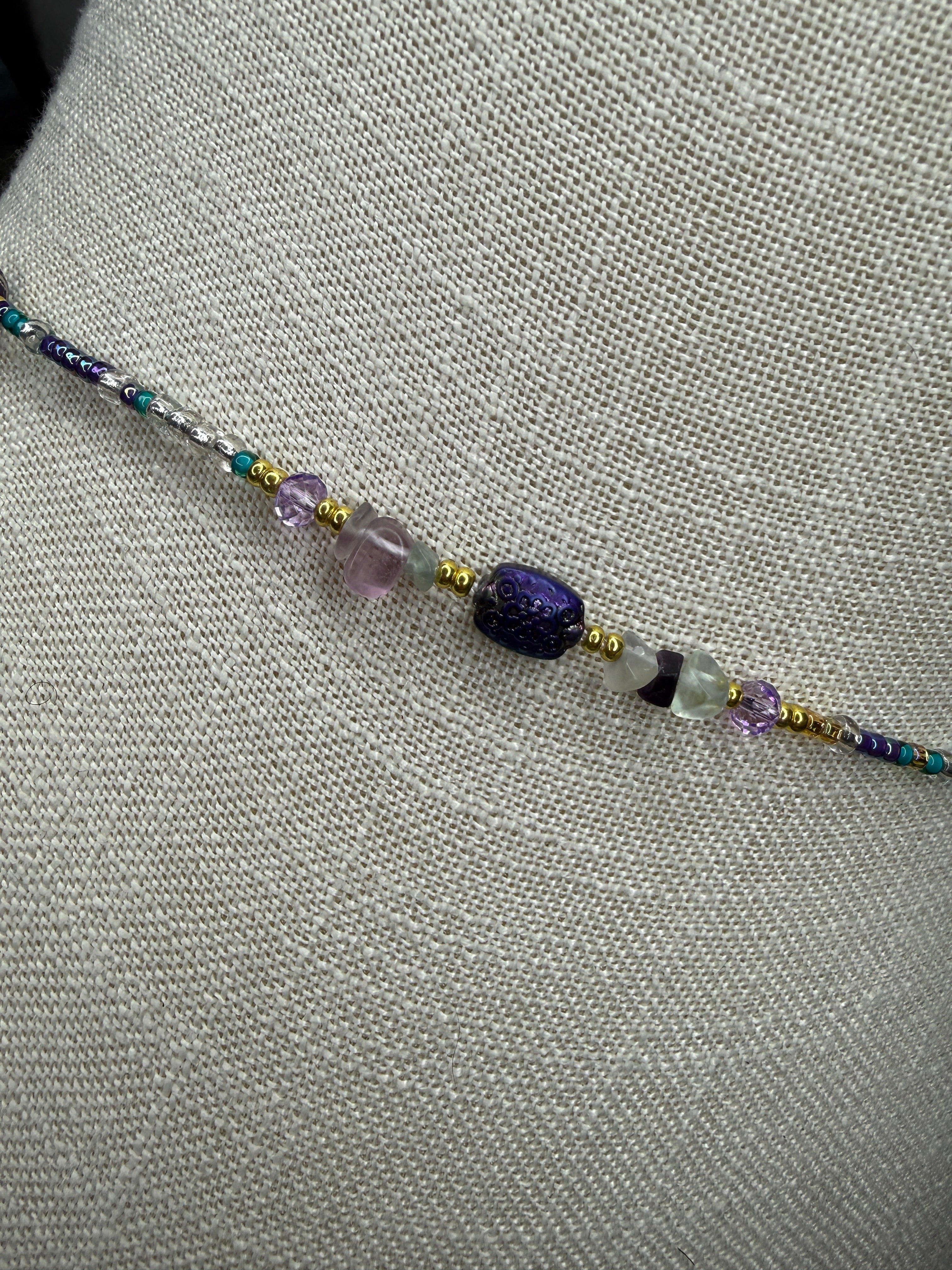 Purple Teal Seadbead Waistbeads with Authentic Fluorite Crystals